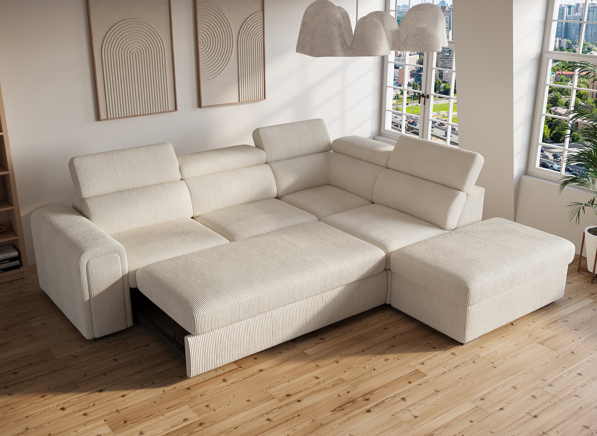 Sofá cama esquinero ZENOVA con almacenaje en pana gruesa color beige - Esquina derecha