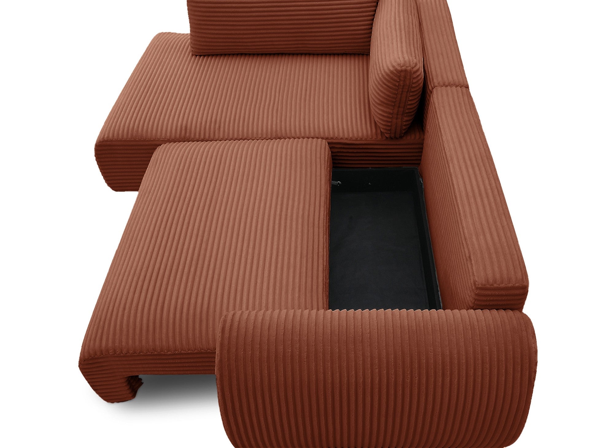 Sofá cama esquinero TILDA con chaise longue y almacenaje en tejido acanalado color terracota - Esquina izquierda