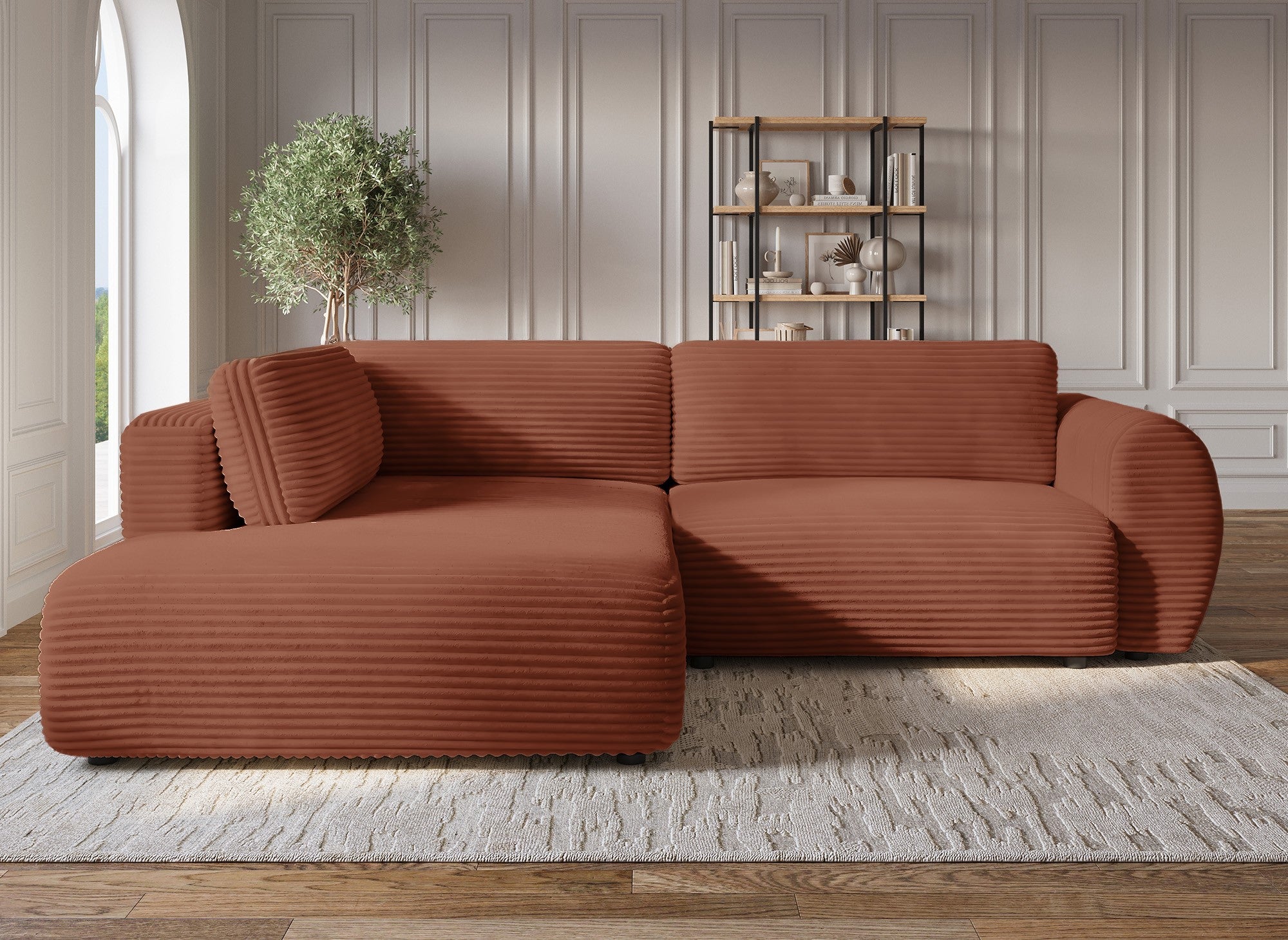Sofá cama esquinero TILDA con chaise longue y almacenaje en tejido acanalado color terracota - Esquina izquierda