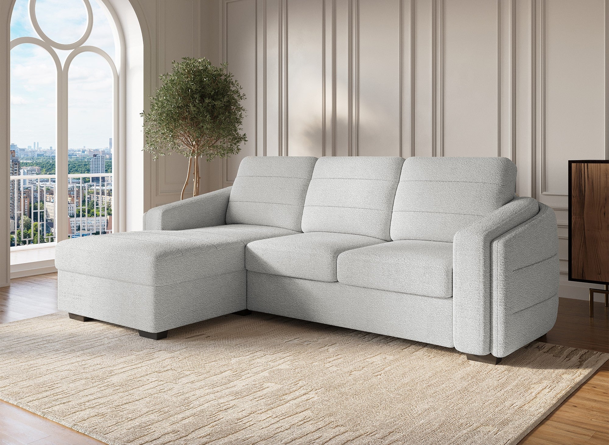 Sofá cama esquinero CALANDRA con almacenaje en tejido bouclé gris claro - Esquina izquierda