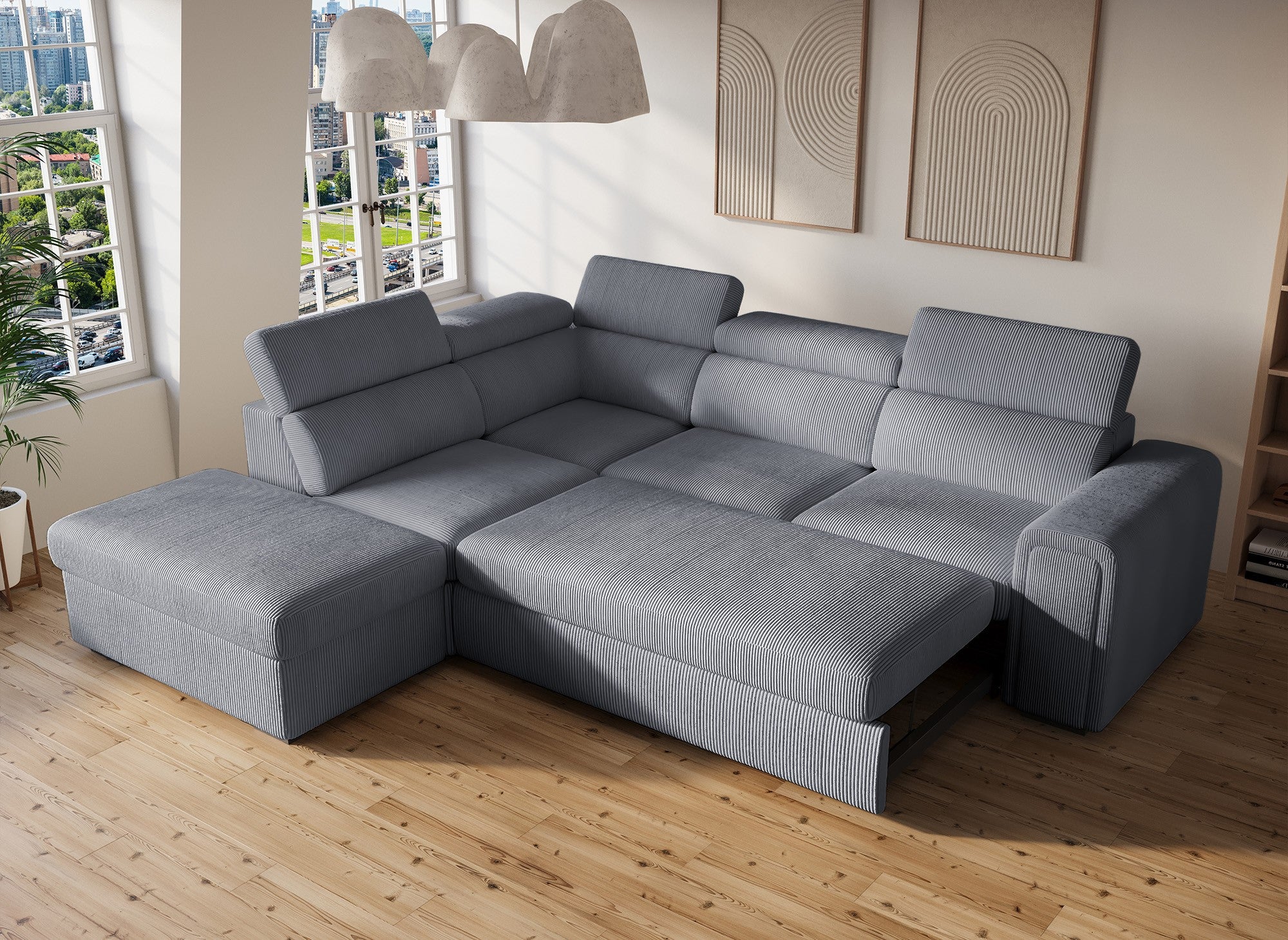Sofá cama esquinero ZENOVA con almacenaje en pana gris gruesa - Esquina izquierda
