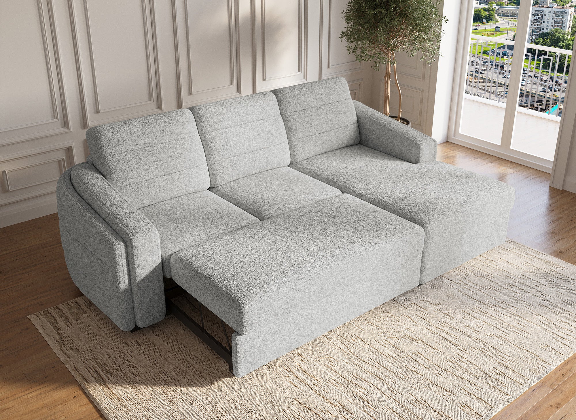 Sofá cama esquinero CALANDRA con almacenaje en tejido bouclé gris claro - Esquina derecha