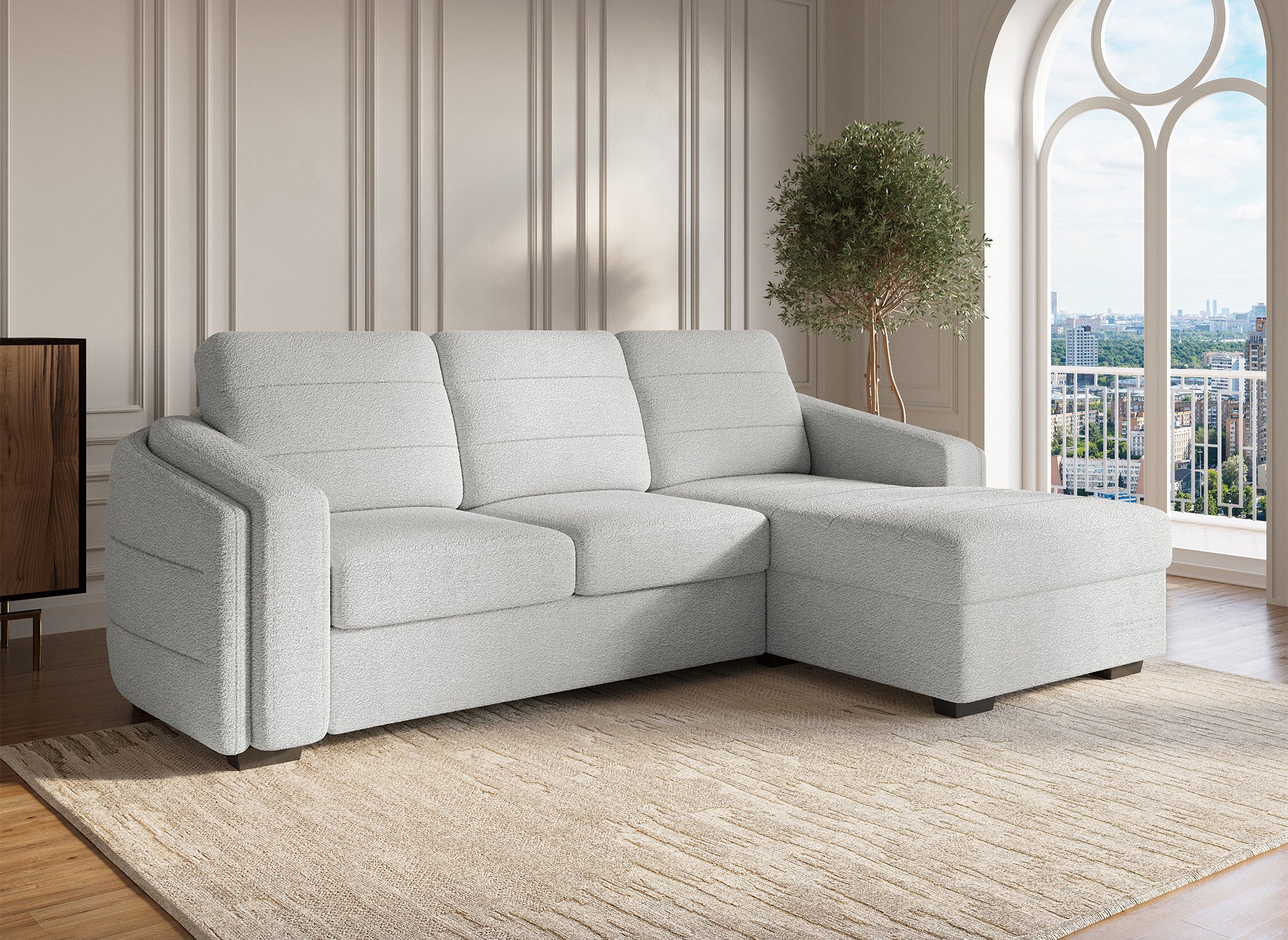 Sofá cama esquinero CALANDRA con almacenaje en tejido bouclé gris claro - Esquina derecha