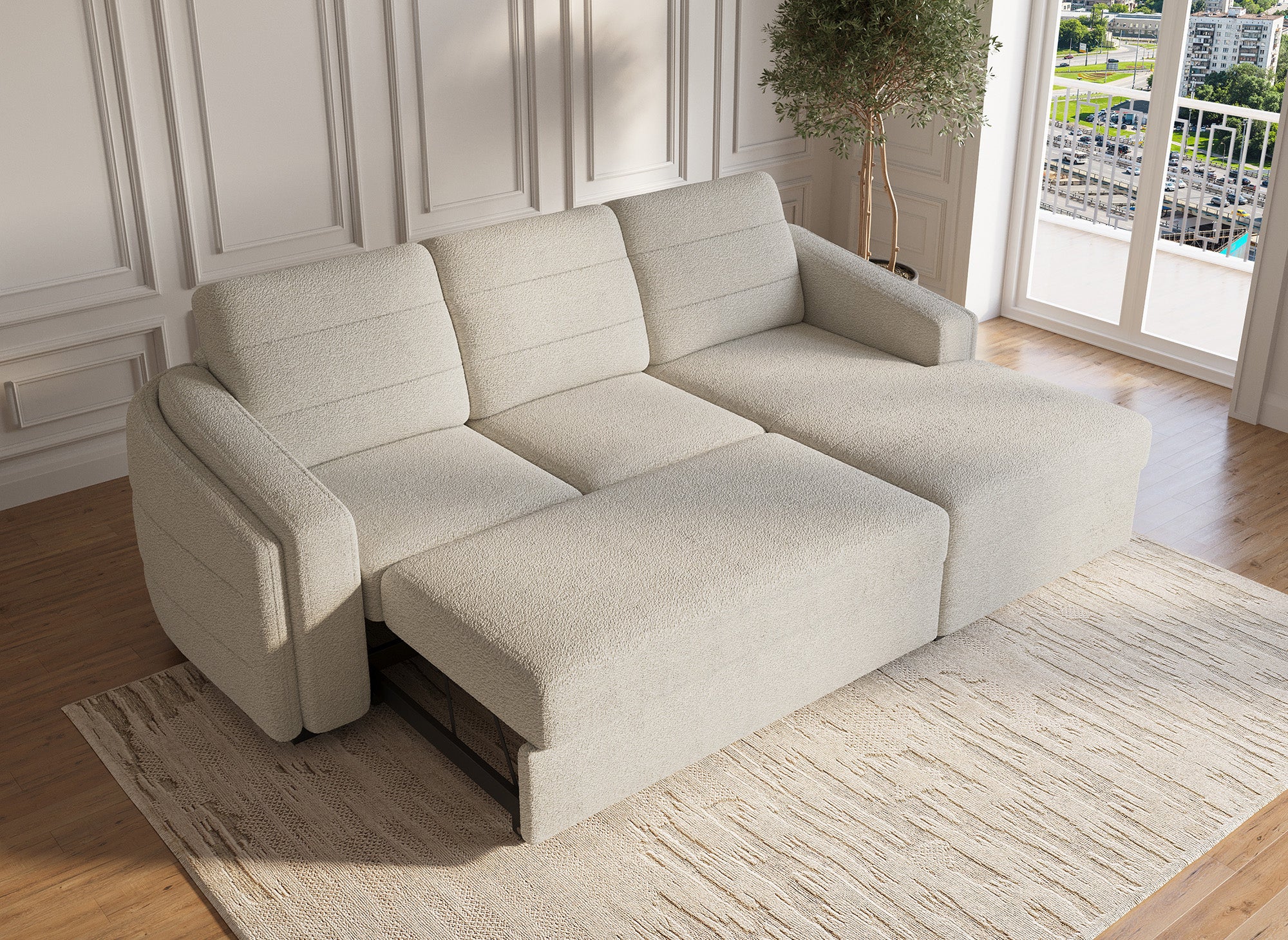 Sofá esquinero convertible CALANDRA con almacenaje en tela bouclé beige - Esquinero derecho