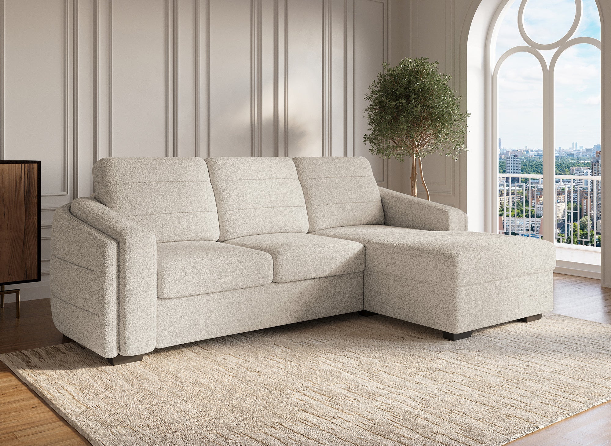 Sofá esquinero convertible CALANDRA con almacenaje en tela bouclé beige - Esquinero derecho