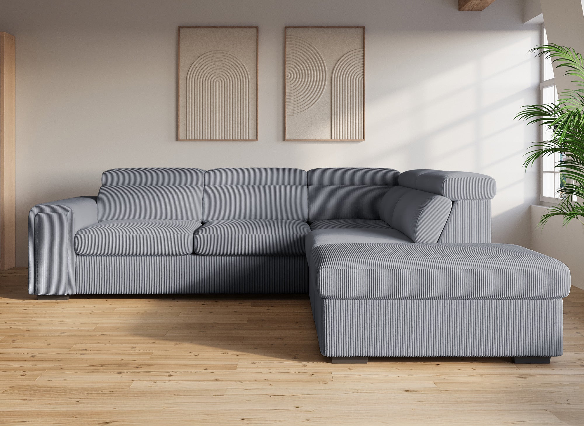 Sofá cama esquinero ZENOVA con almacenaje en pana gris gruesa - Esquina derecha