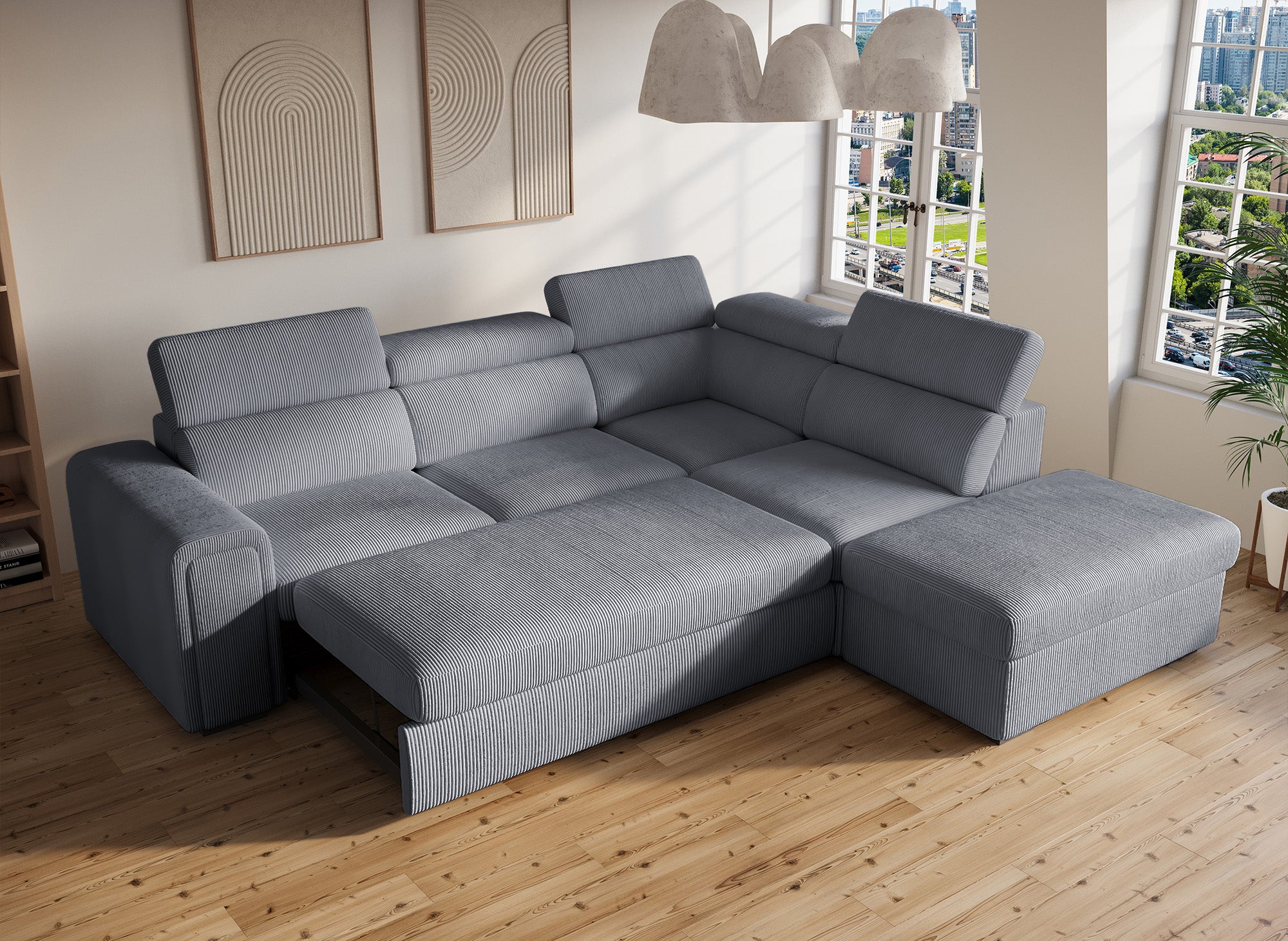 Sofá cama esquinero ZENOVA con almacenaje en pana gris gruesa - Esquina derecha