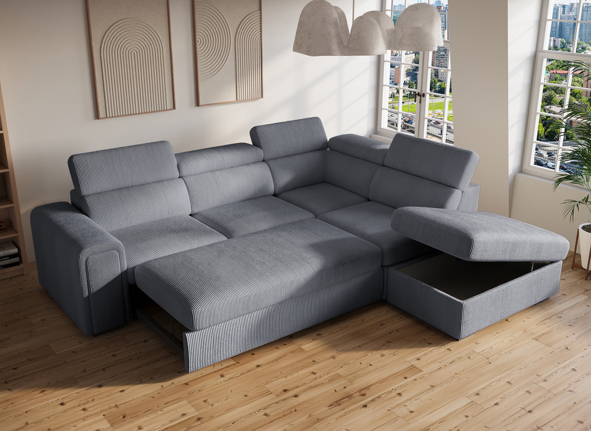 Sofá cama esquinero ZENOVA con almacenaje en pana gris gruesa - Esquina derecha