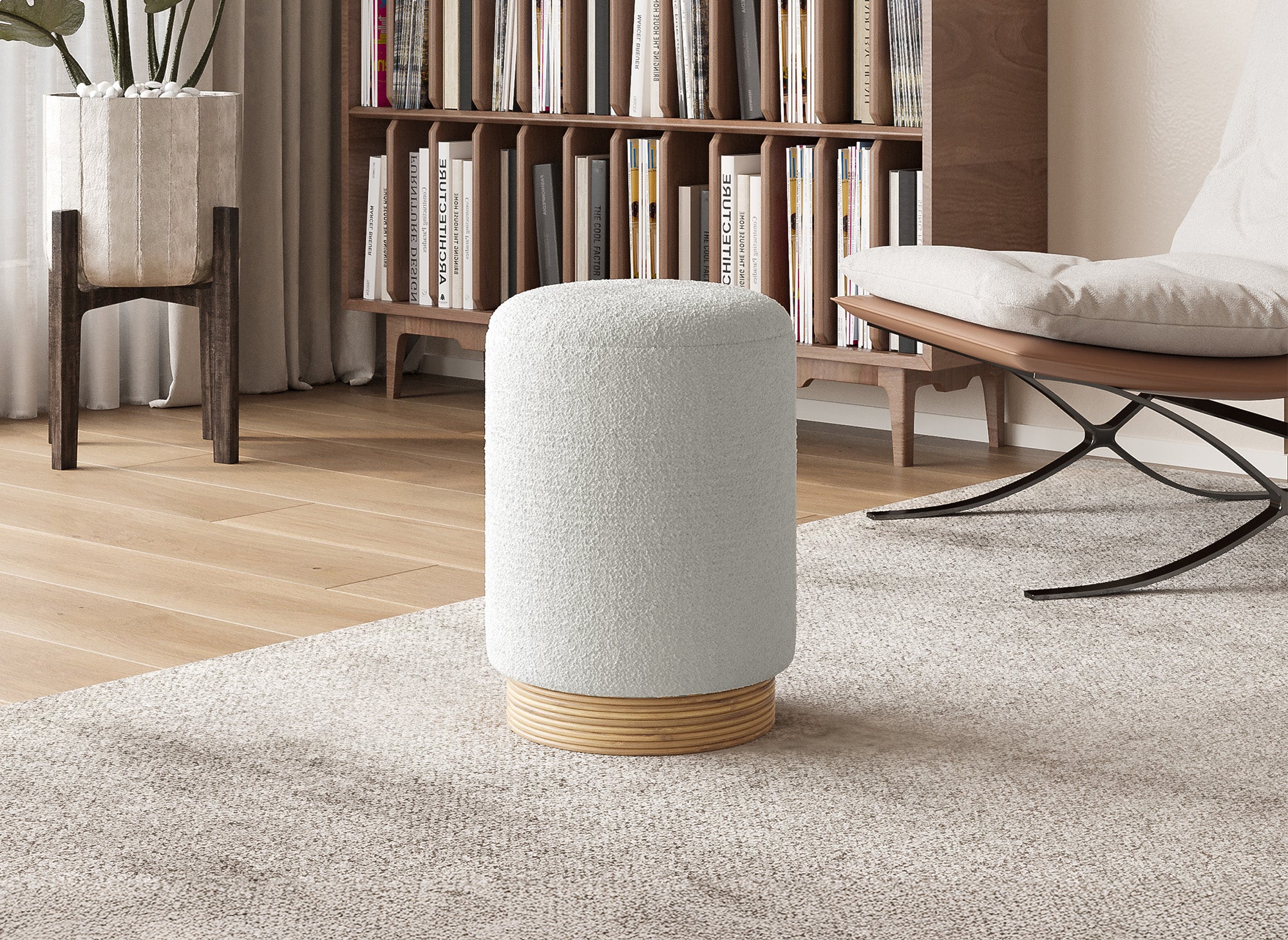 Puf TANY en tejido efecto piel de oveja color blanco hueso y madera