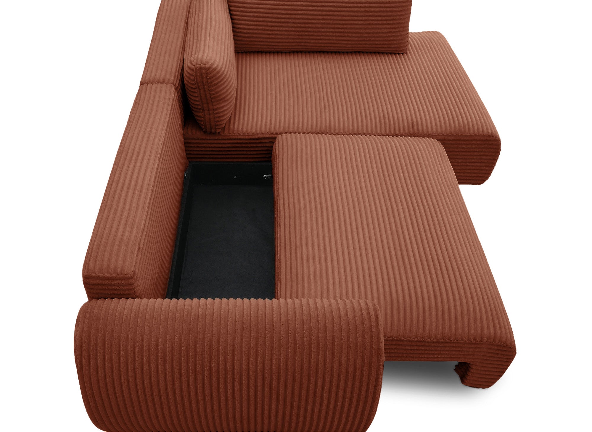 Sofá cama esquinero TILDA de terracota con diseño acanalado, chaise longue y almacenaje - Esquina derecha