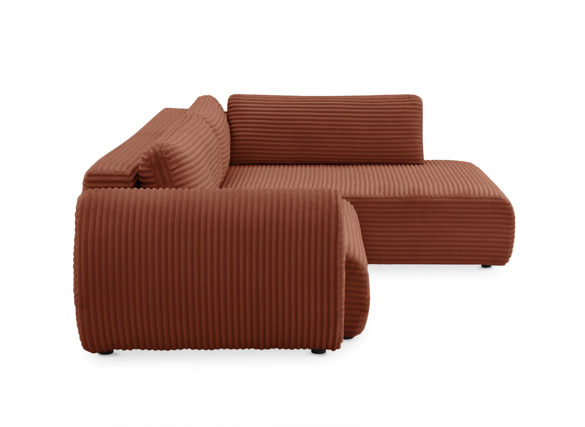 Sofá cama esquinero TILDA de terracota con diseño acanalado, chaise longue y almacenaje - Esquina derecha