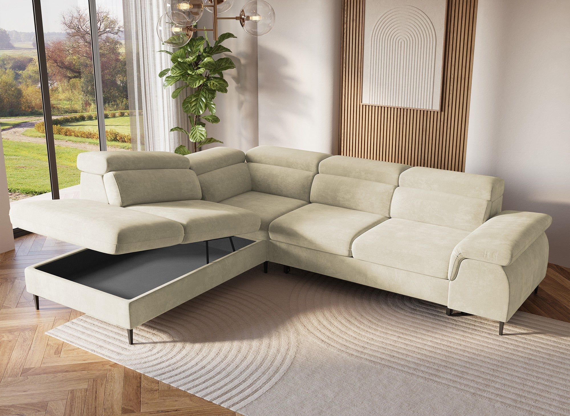 Sofá esquinero convertible SWAN con compartimento de almacenamiento en terciopelo beige - Esquina izquierda