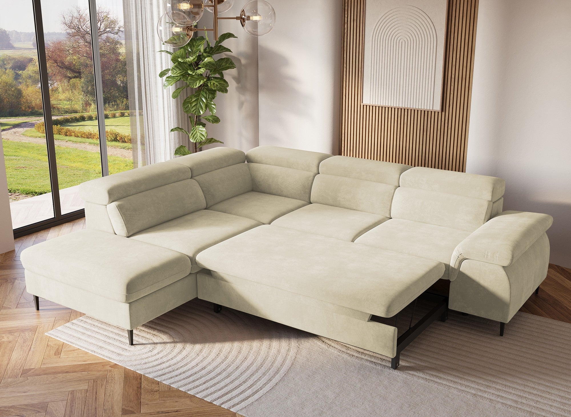 Sofá esquinero convertible SWAN con compartimento de almacenamiento en terciopelo beige - Esquina izquierda