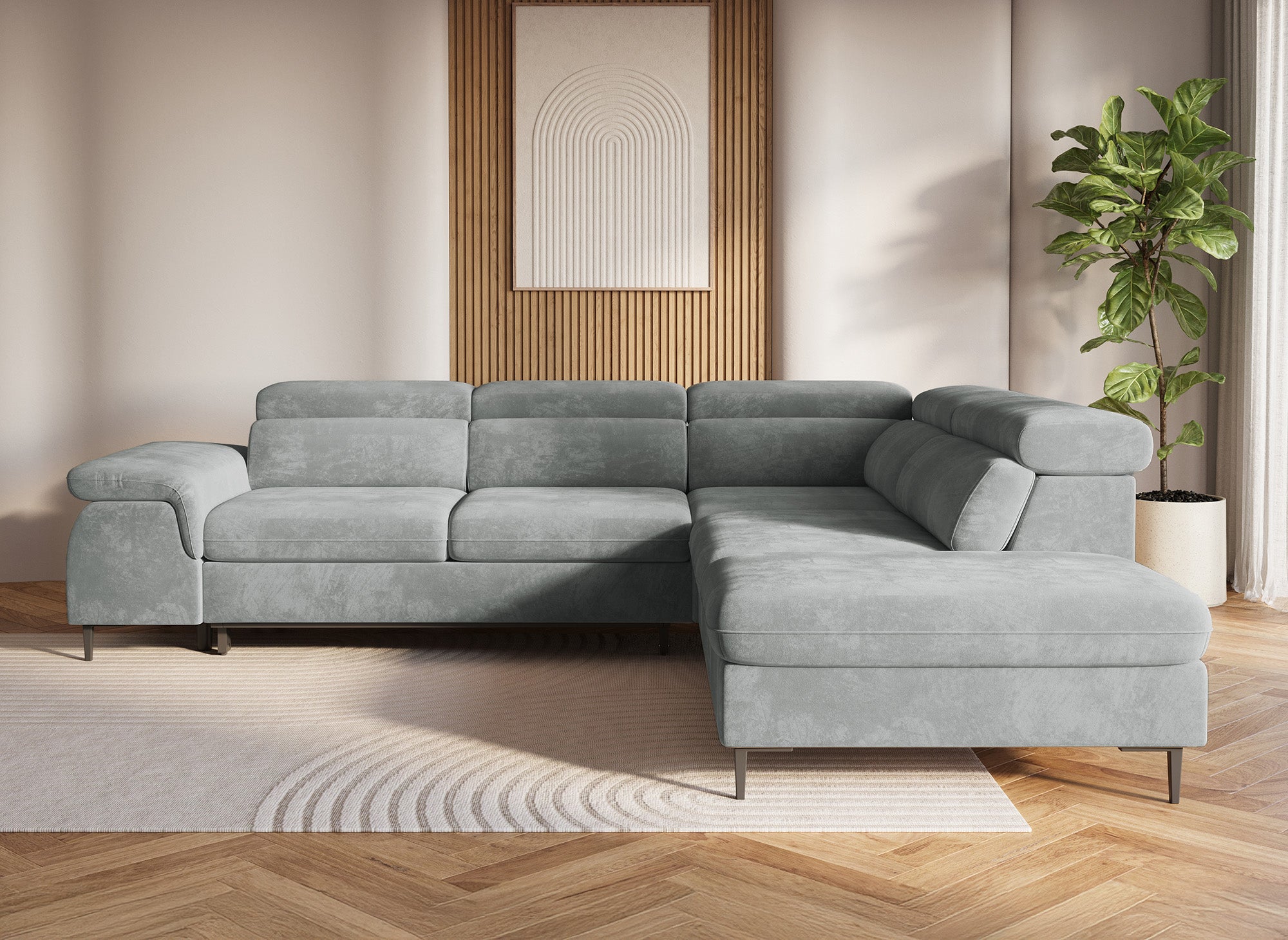 Sofá cama esquinero SWAN con almacenaje en terciopelo gris - Esquina derecha