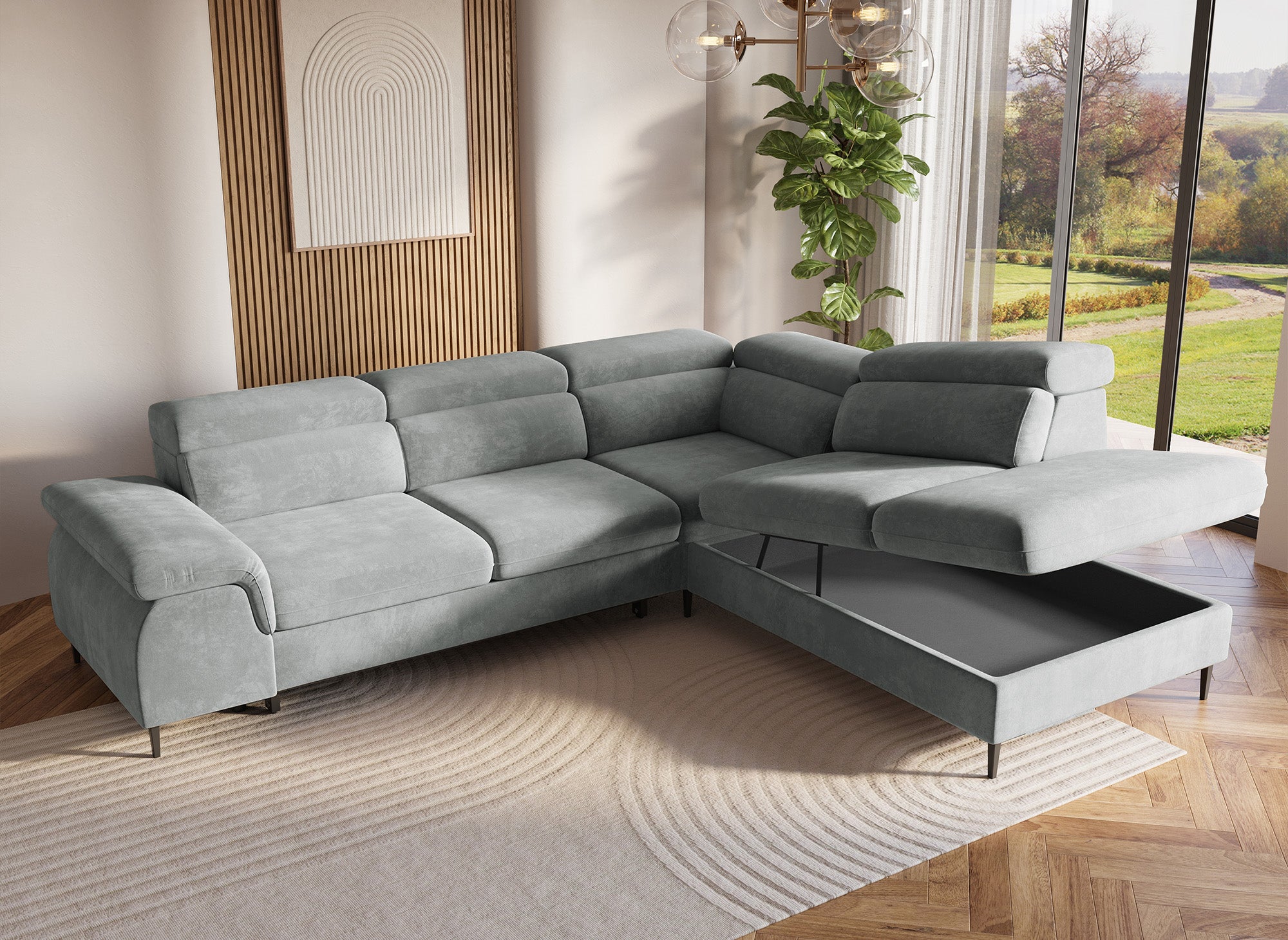 Sofá cama esquinero SWAN con almacenaje en terciopelo gris - Esquina derecha