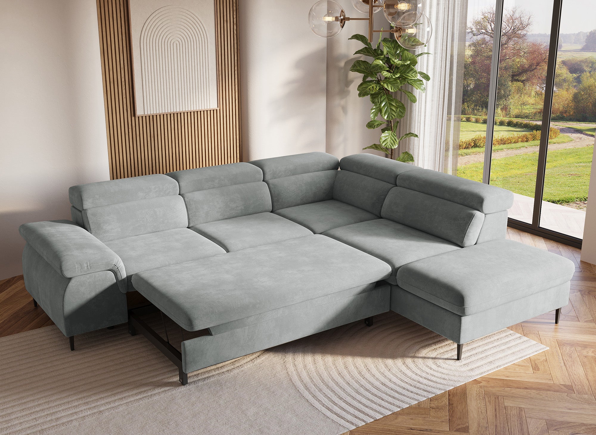 Sofá cama esquinero SWAN con almacenaje en terciopelo gris - Esquina derecha