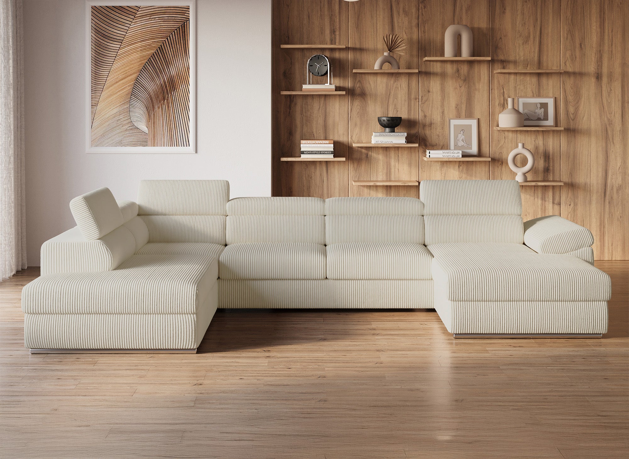 Sofá cama panorámico convertible MARIANO con almacenaje en pana gruesa color beige - Esquina derecha