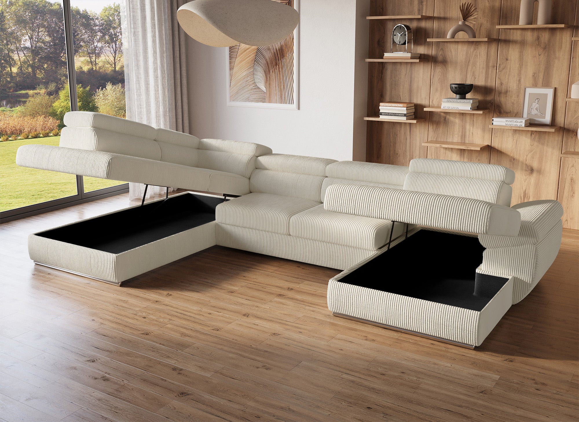 Sofá cama panorámico convertible MARIANO con almacenaje en pana gruesa color beige - Esquina derecha