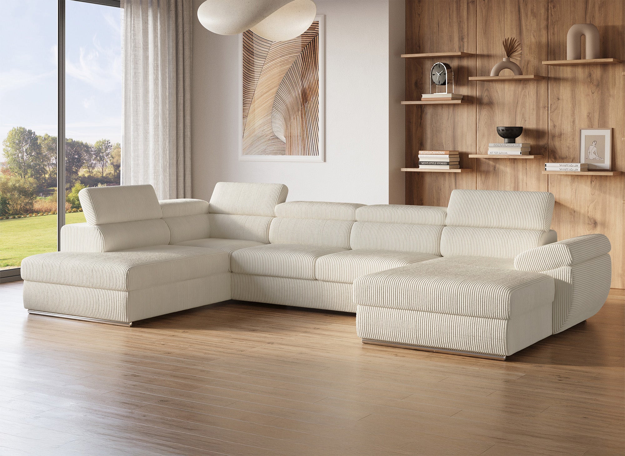 Sofá cama panorámico convertible MARIANO con almacenaje en pana gruesa color beige - Esquina derecha