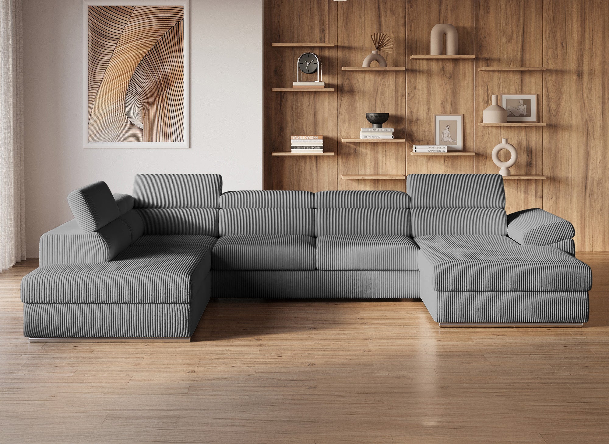 Sofá cama panorámico convertible MARIANO con almacenaje en pana gris gruesa - Esquina derecha