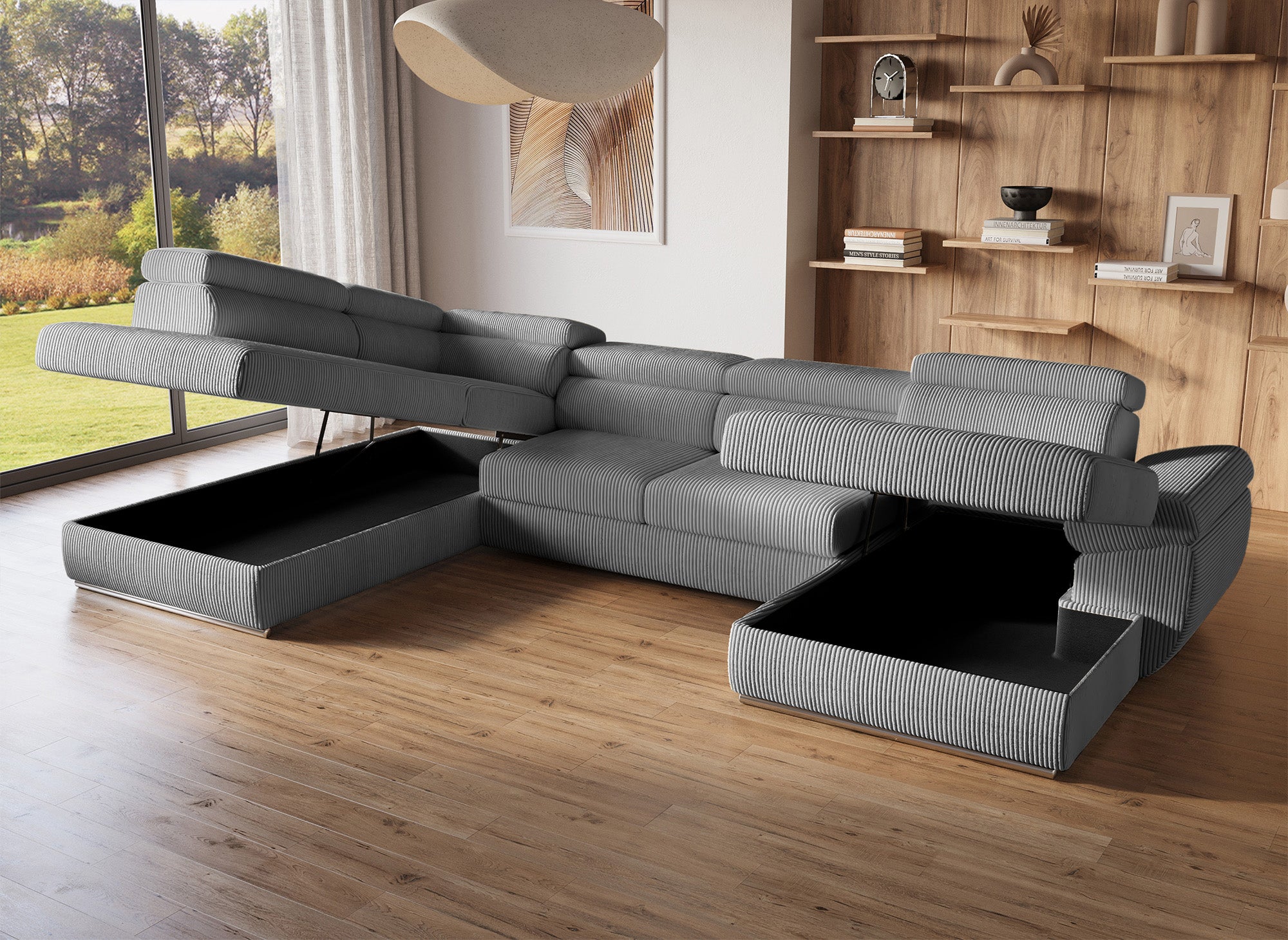 Sofá cama panorámico convertible MARIANO con almacenaje en pana gris gruesa - Esquina derecha