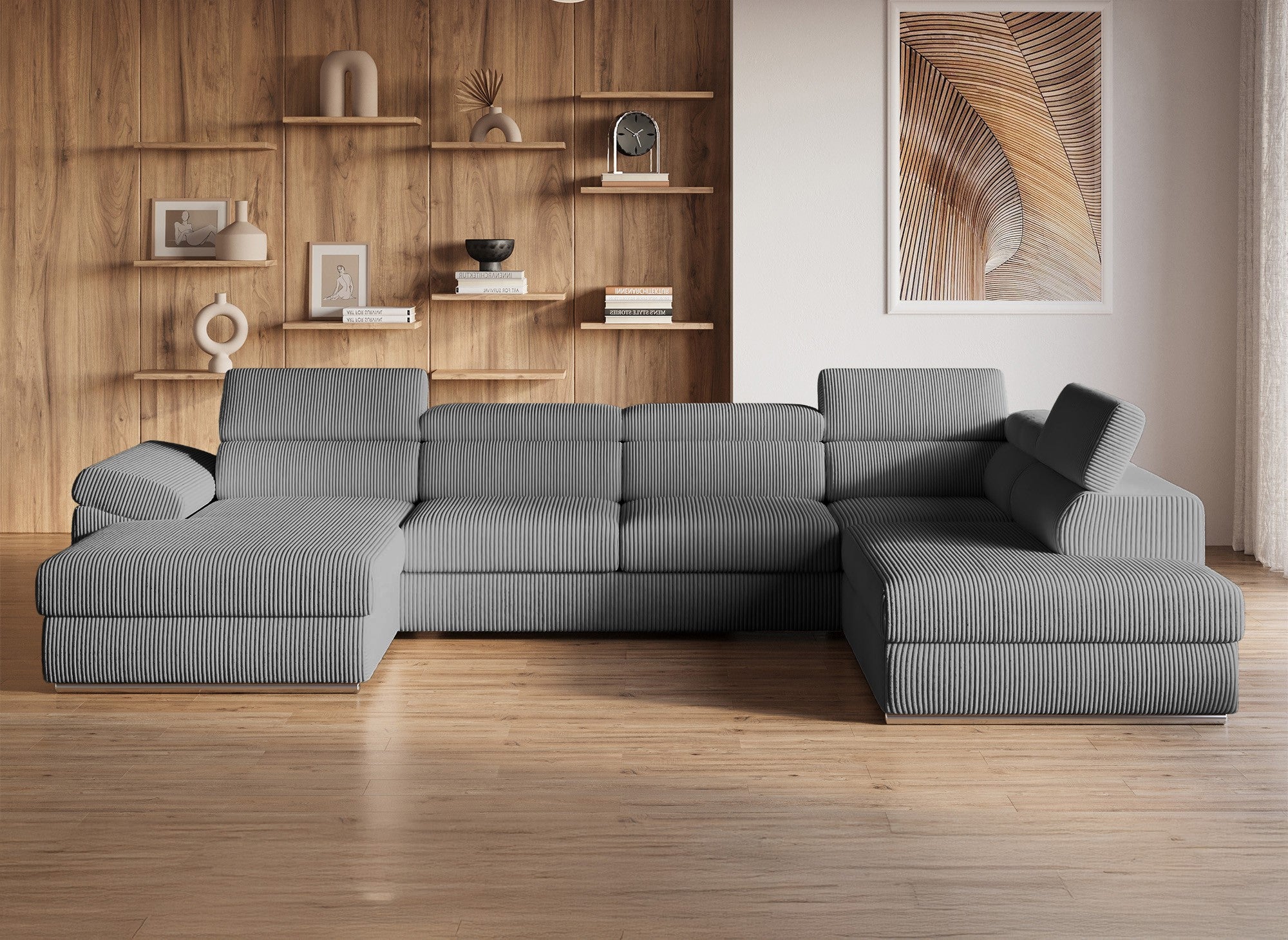 Sofá cama panorámico convertible MARIANO con almacenaje en pana gris gruesa - Esquina izquierda