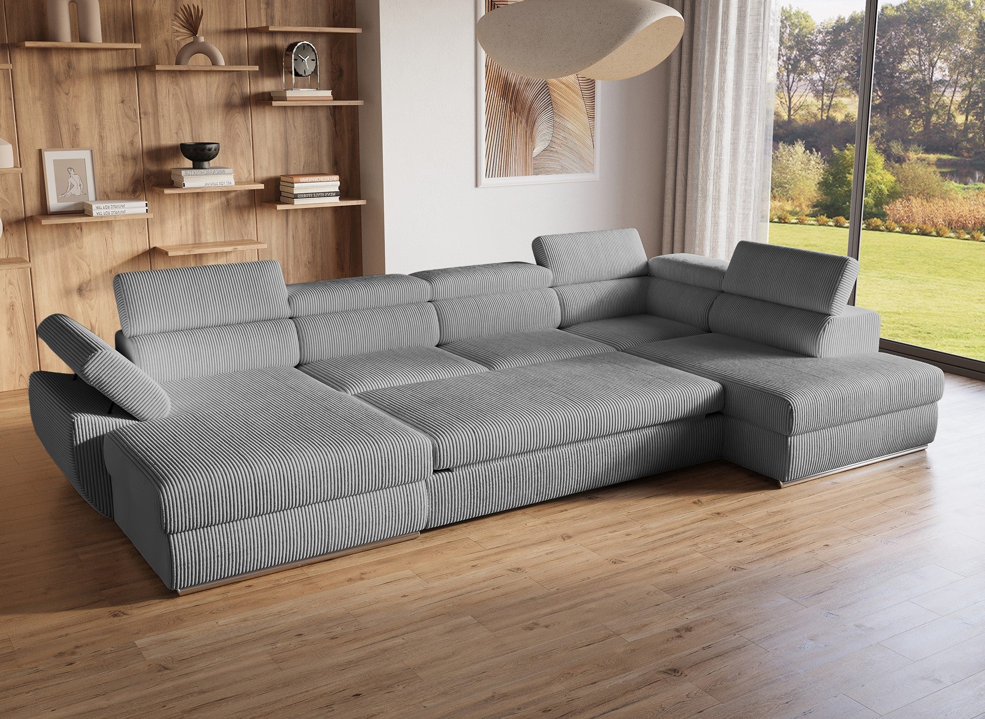 Sofá cama panorámico convertible MARIANO con almacenaje en pana gris gruesa - Esquina izquierda