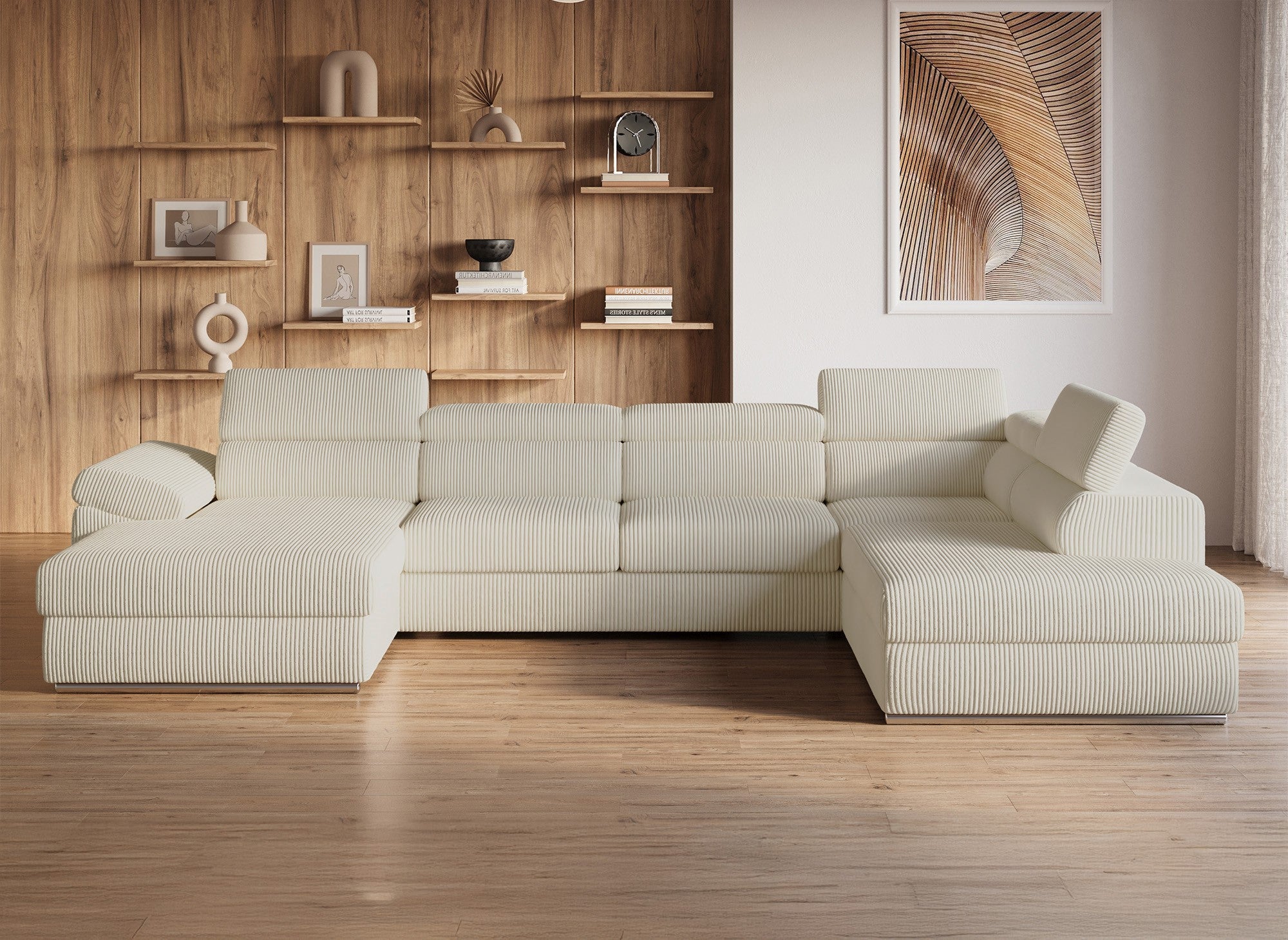 Sofá cama panorámico convertible MARIANO con almacenaje en pana gruesa color beige - Esquina izquierda