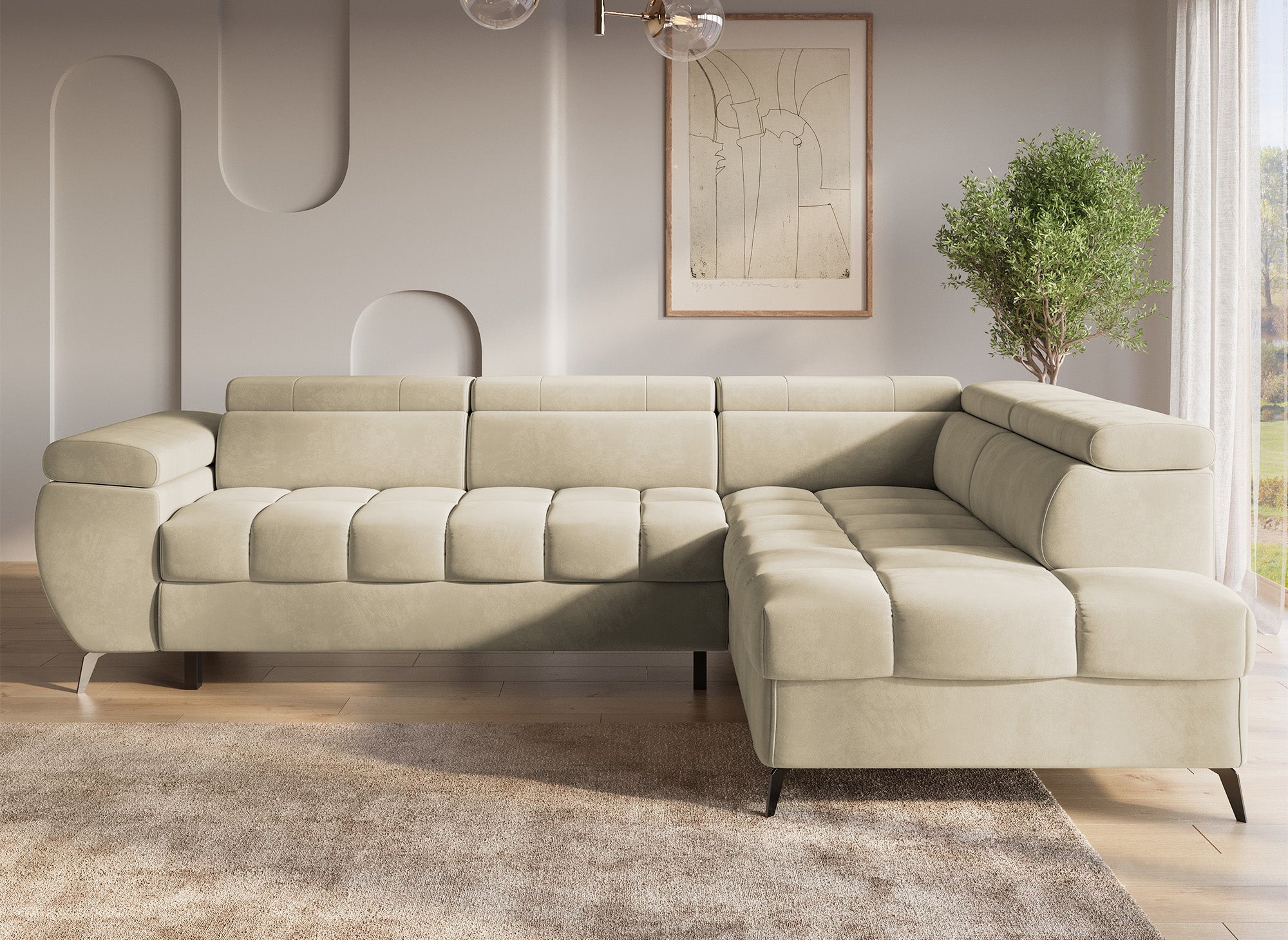 Sofá esquinero convertible acolchado LUCIANO con almacenaje en terciopelo beige - Esquinero derecho