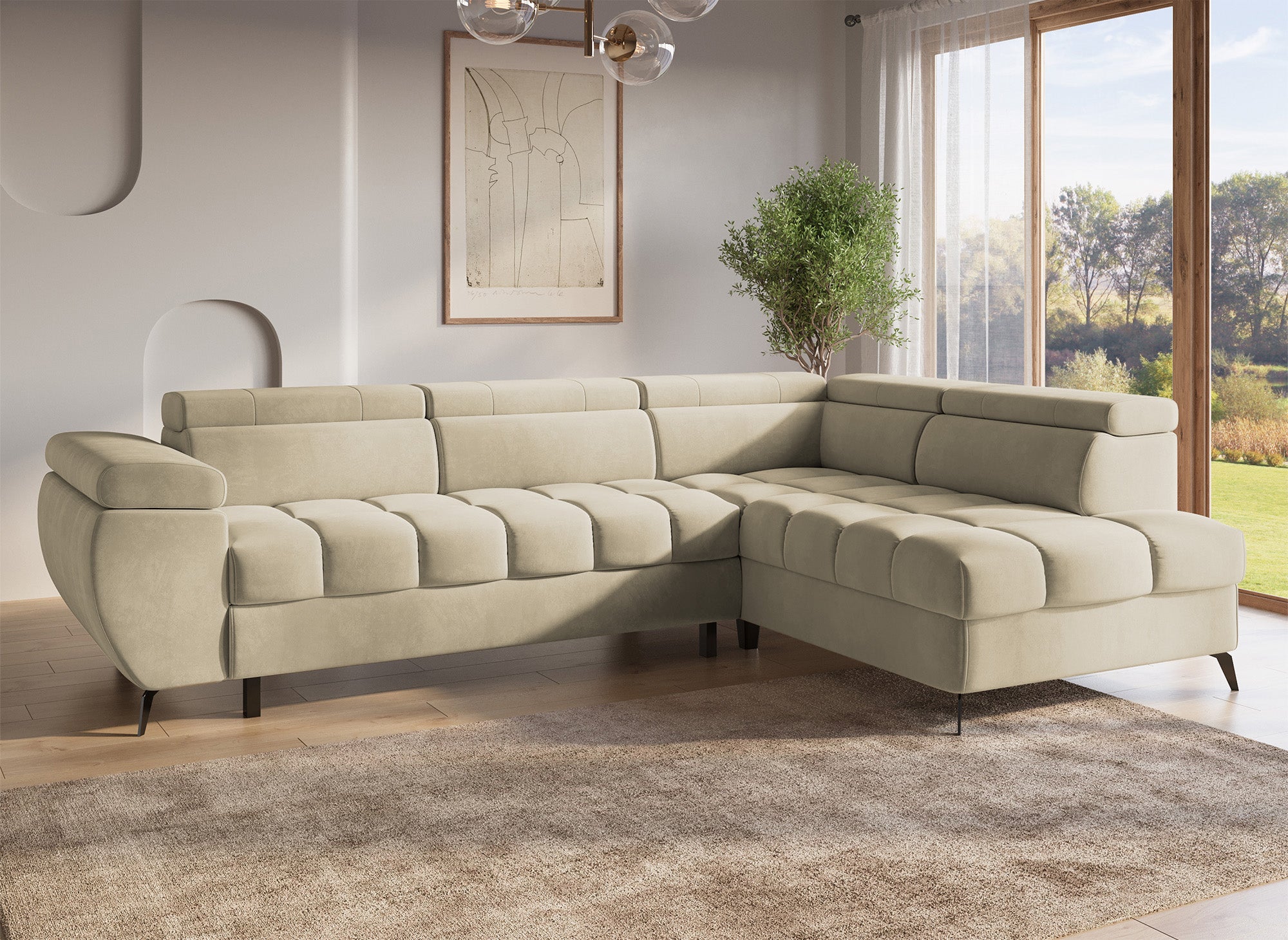 Sofá esquinero convertible acolchado LUCIANO con almacenaje en terciopelo beige - Esquinero derecho