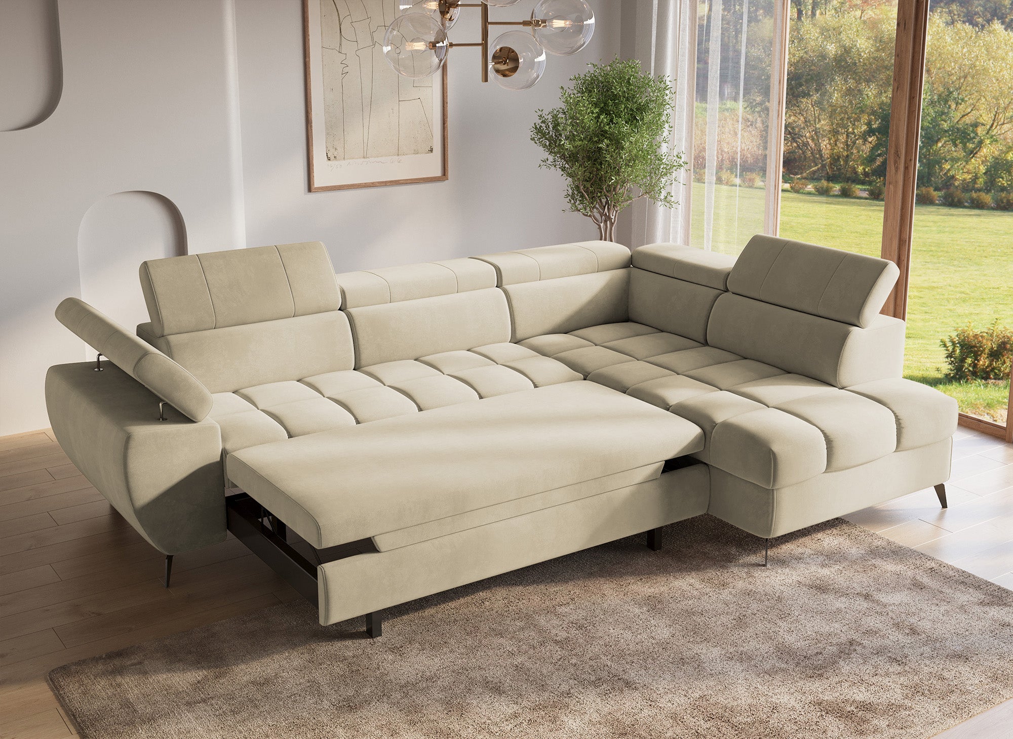 Sofá esquinero convertible acolchado LUCIANO con almacenaje en terciopelo beige - Esquinero derecho