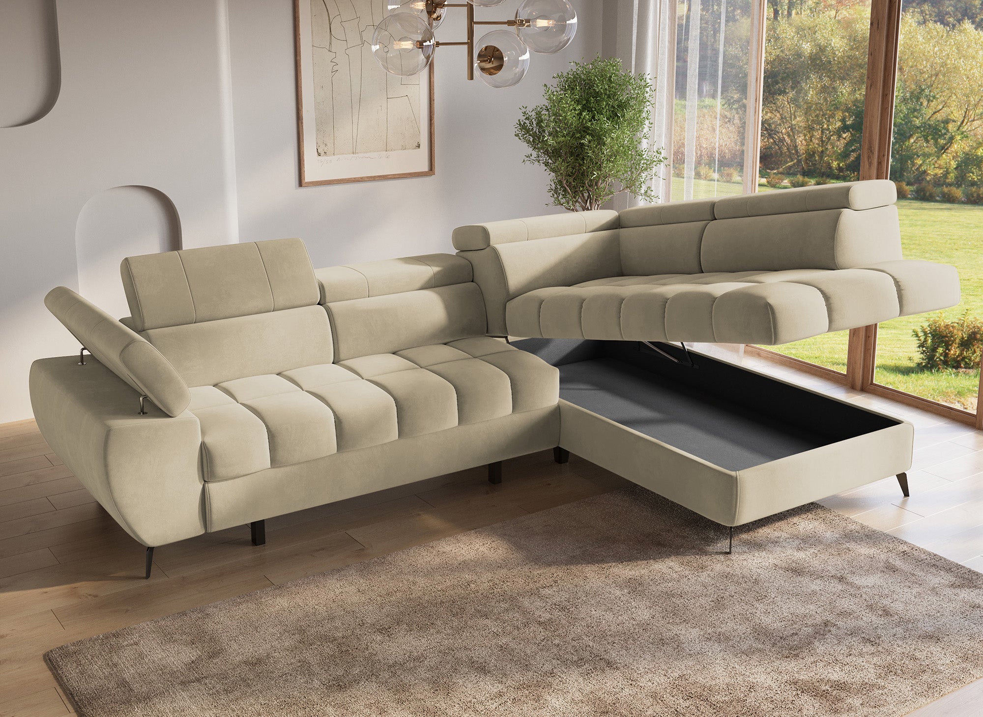 Sofá esquinero convertible acolchado LUCIANO con almacenaje en terciopelo beige - Esquinero derecho