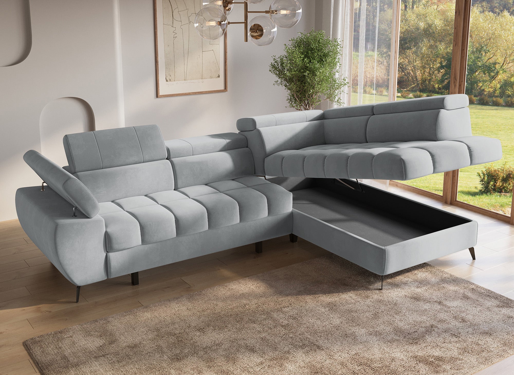 Sofá esquinero convertible LUCIANO acolchado con almacenaje en terciopelo gris - Esquinero derecho