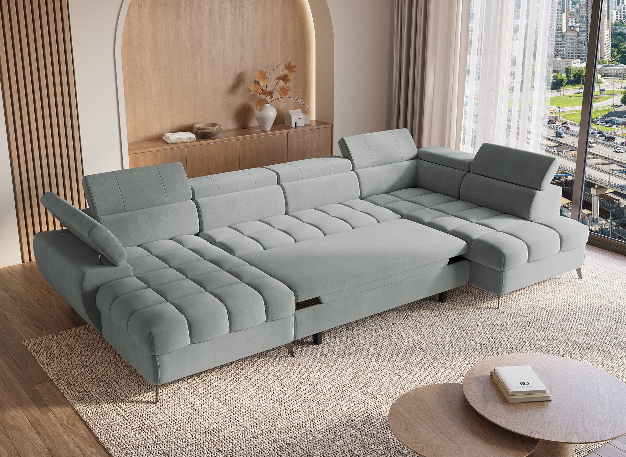 Sofá panorámico convertible LUCIANO acolchado con almacenaje en terciopelo gris - Esquina izquierda