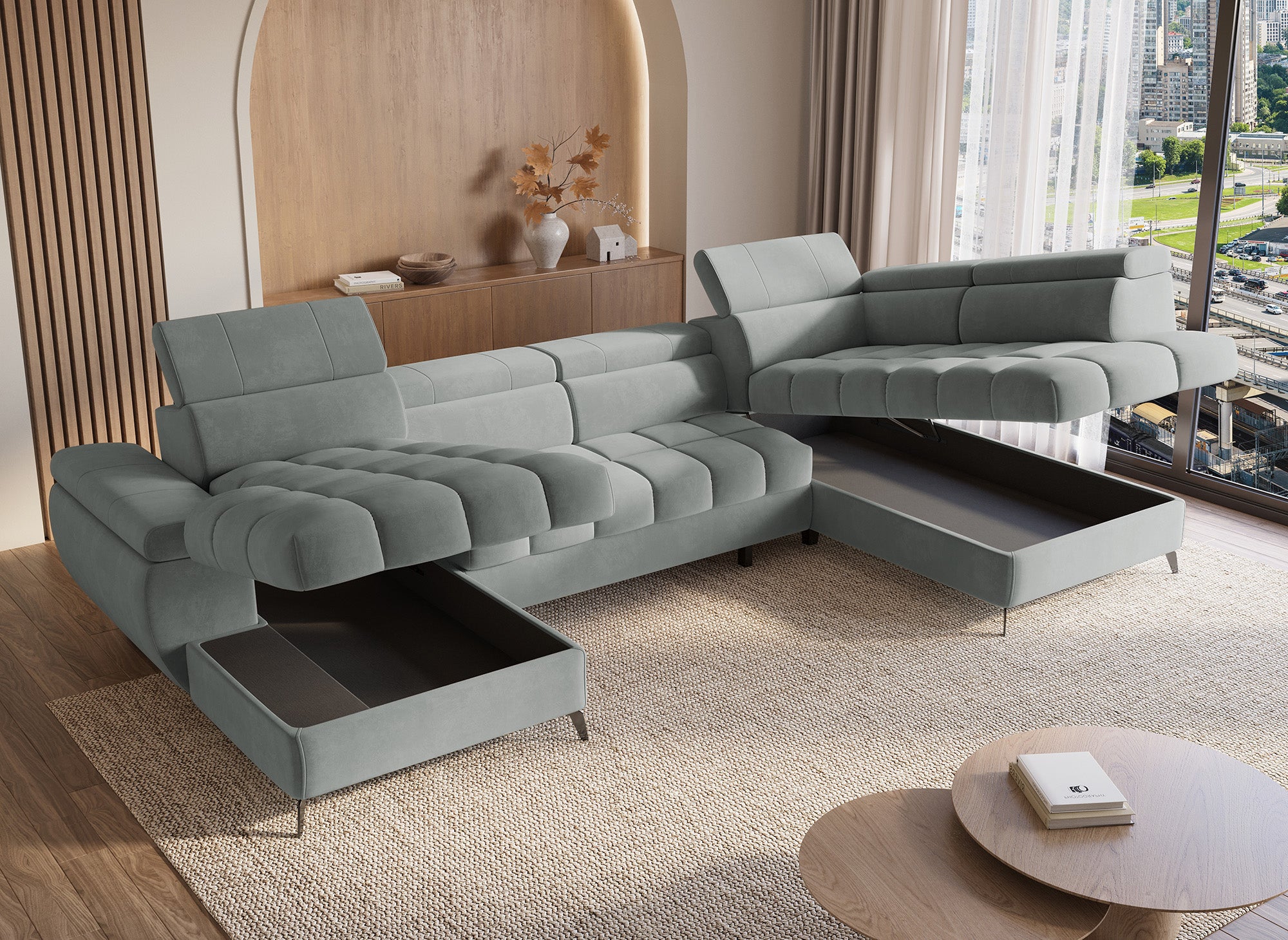 Sofá panorámico convertible LUCIANO acolchado con almacenaje en terciopelo gris - Esquina izquierda