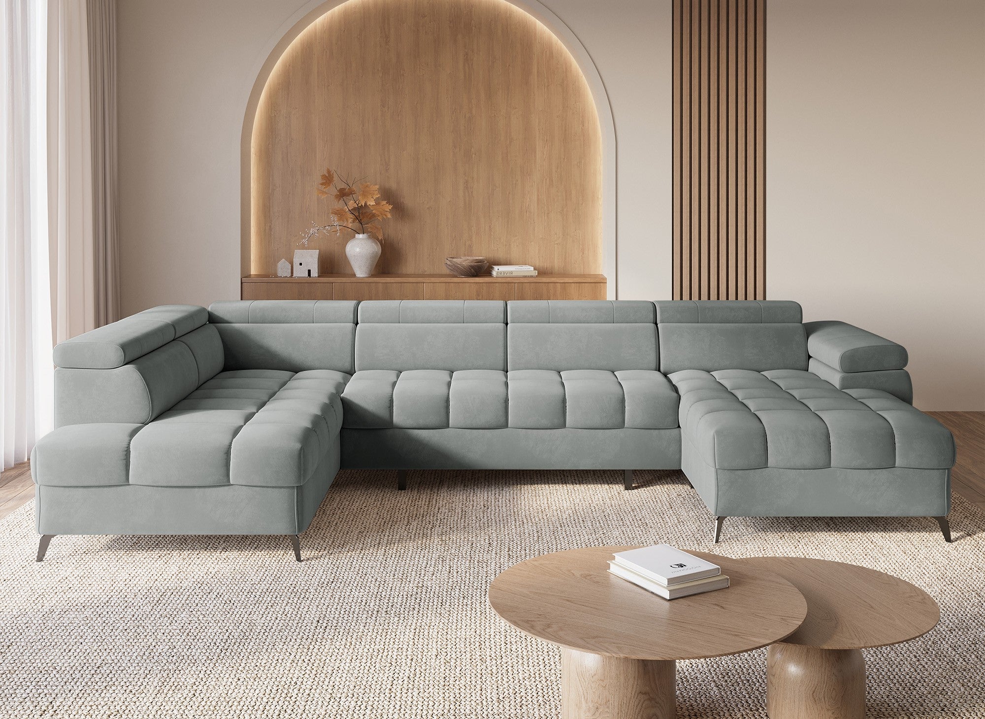 Sofá panorámico convertible LUCIANO acolchado con almacenaje en terciopelo gris - Esquina derecha