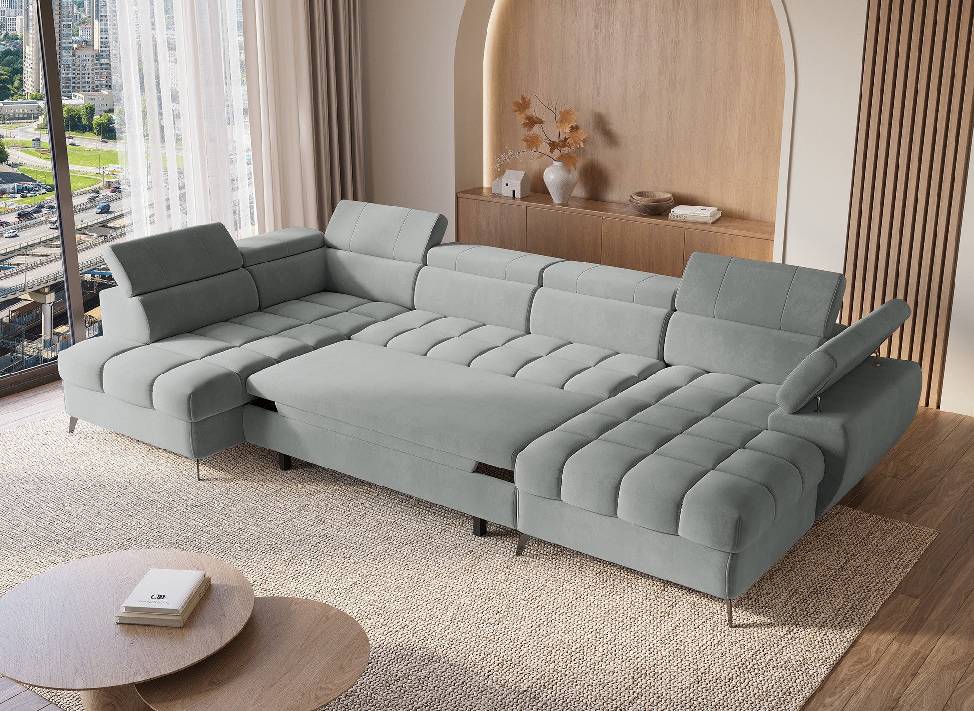 Sofá panorámico convertible LUCIANO acolchado con almacenaje en terciopelo gris - Esquina derecha