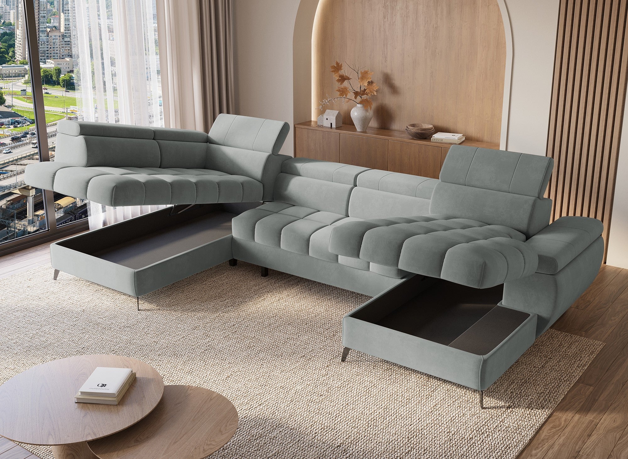 Sofá panorámico convertible LUCIANO acolchado con almacenaje en terciopelo gris - Esquina derecha