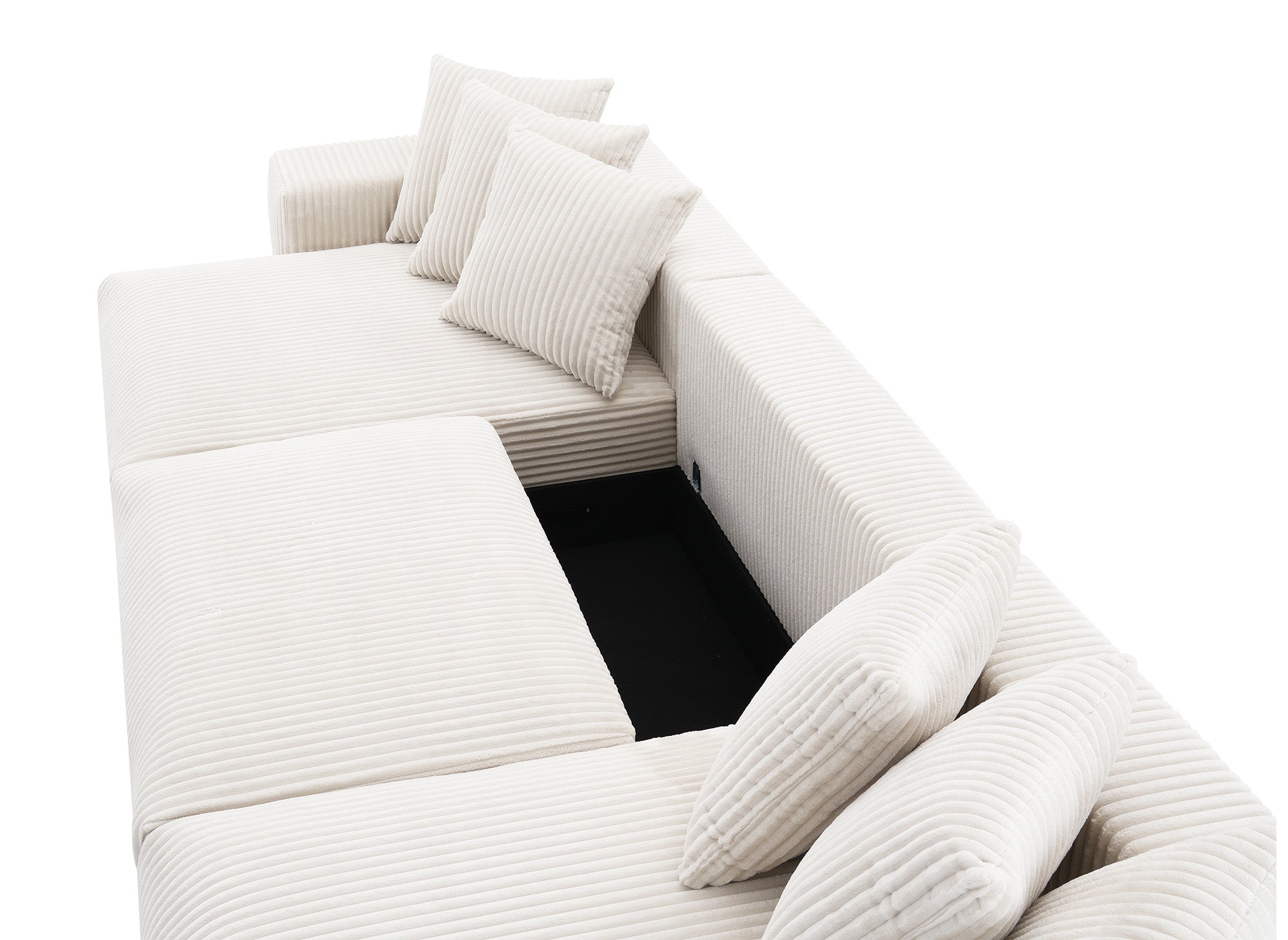 Sofá cama panorámico reversible NOELIA con almacenaje en pana gruesa color beige