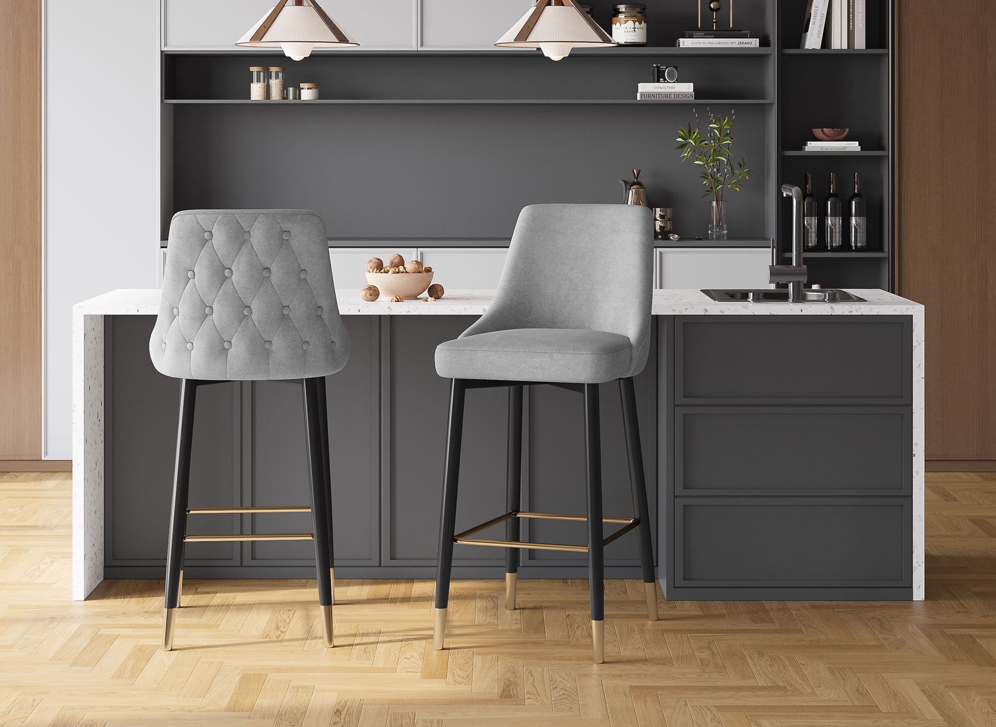 Juego de 2 taburetes de bar DORINA de terciopelo gris