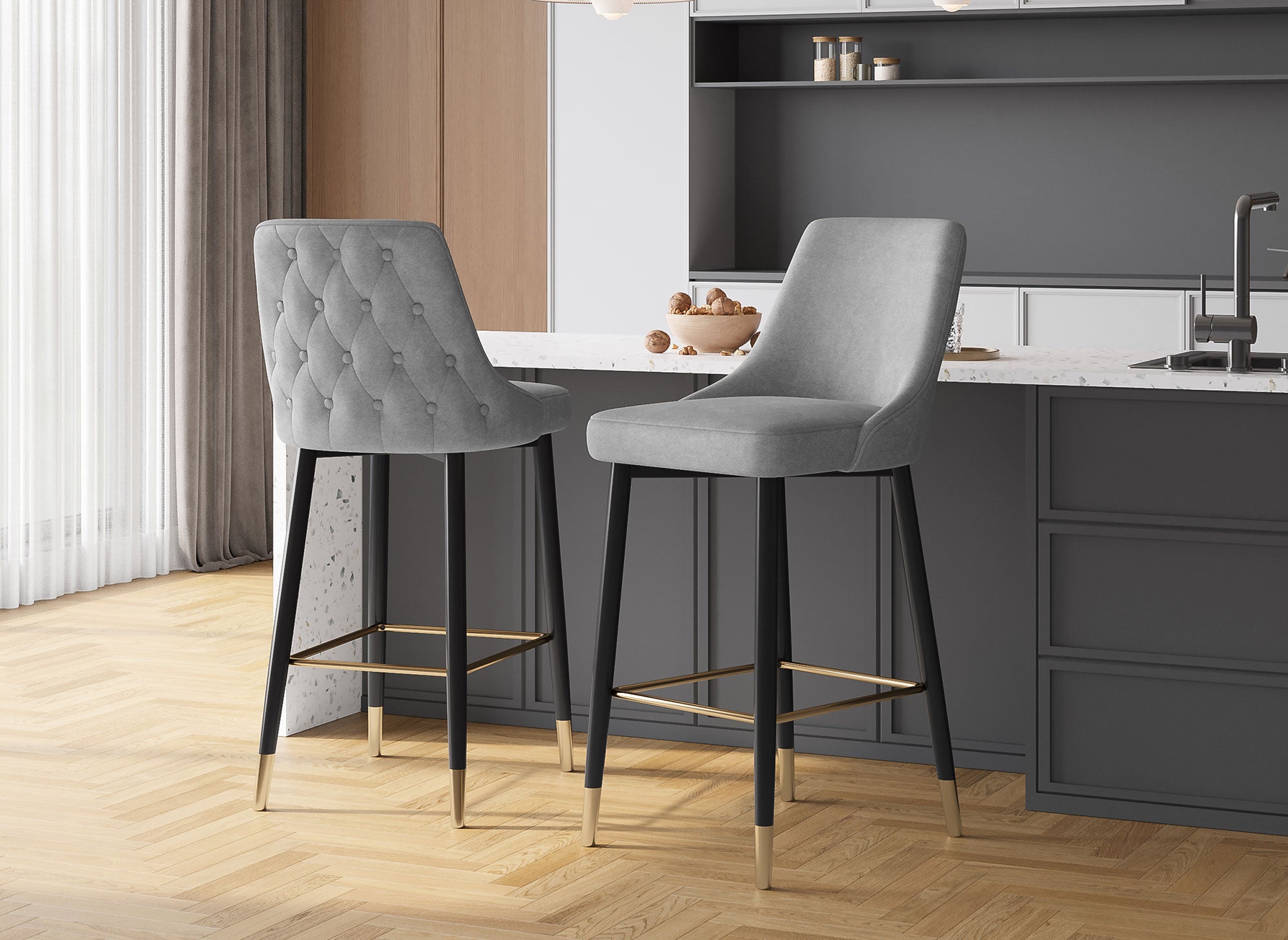 Juego de 2 taburetes de bar DORINA de terciopelo gris