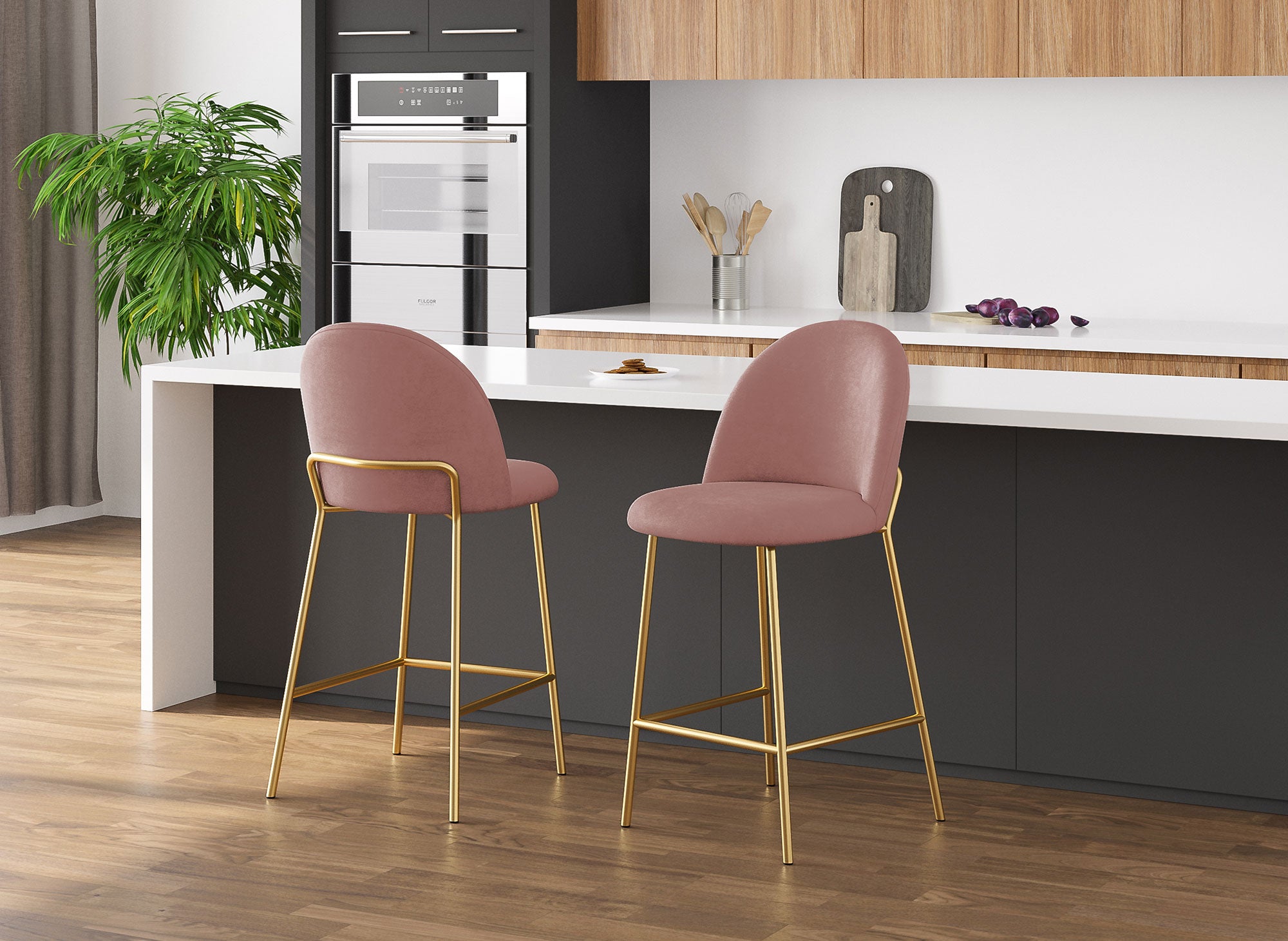 Juego de 2 taburetes de bar de diseño ARABEL en terciopelo rosa