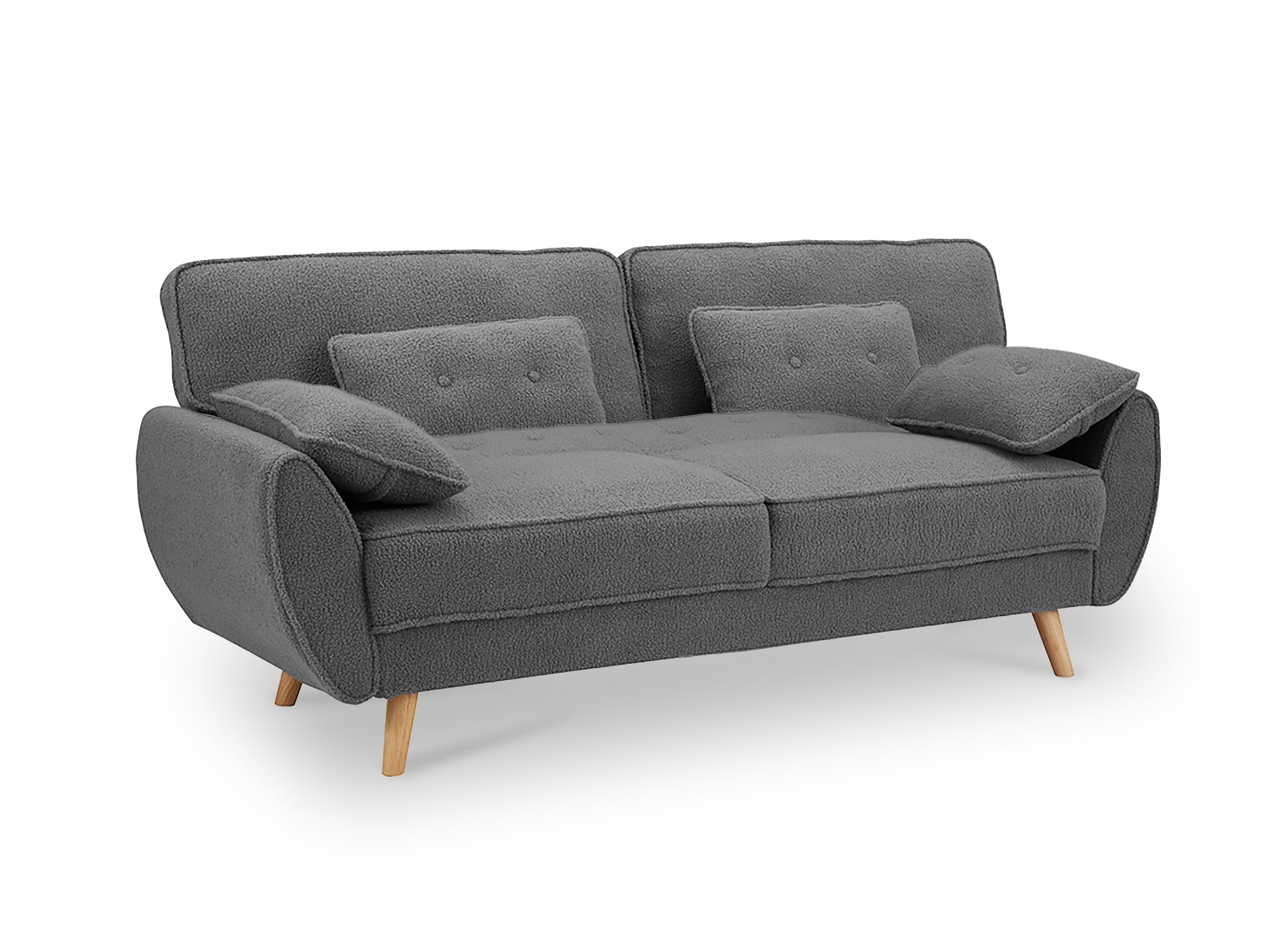 Sofá PANAMA click-clack tapizado en tela bouclé gris con patas de madera