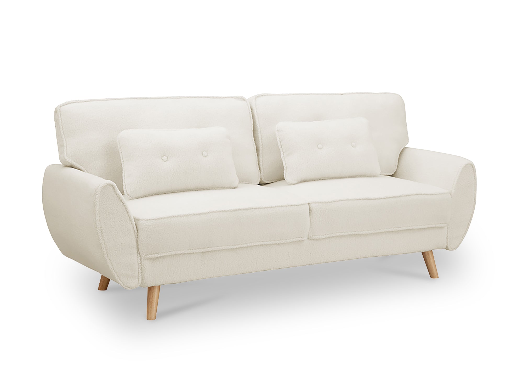 Sofá PANAMA click-clack tapizado en tela bouclé color crudo con patas de madera