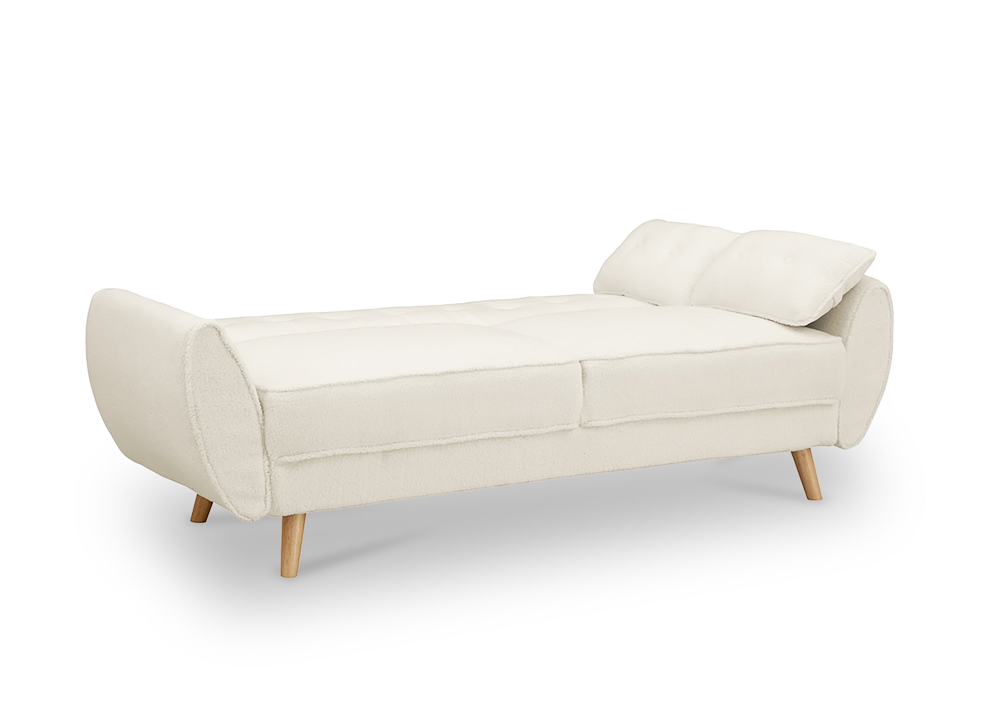 Sofá PANAMA click-clack tapizado en tela bouclé color crudo con patas de madera