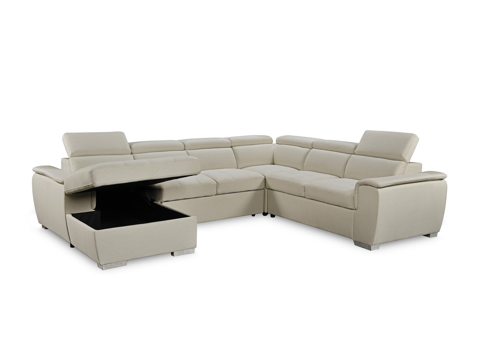 Sofá cama panorámico convertible GAELLE con compartimento de almacenamiento en tela beige - Esquina izquierda