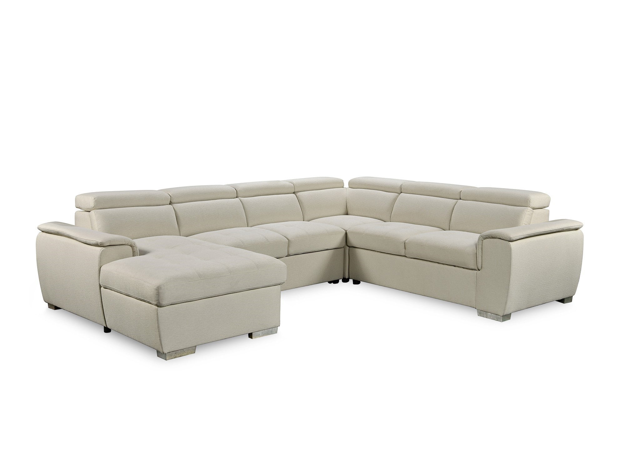 Sofá cama panorámico convertible GAELLE con compartimento de almacenamiento en tela beige - Esquina izquierda