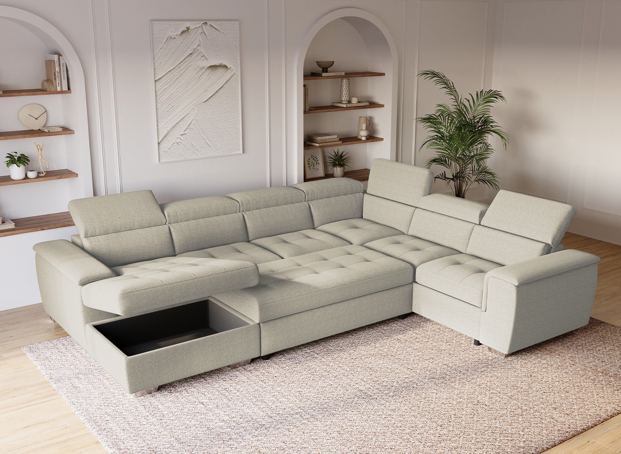 Sofá cama panorámico convertible GAELLE con compartimento de almacenamiento en tela beige - Esquina izquierda