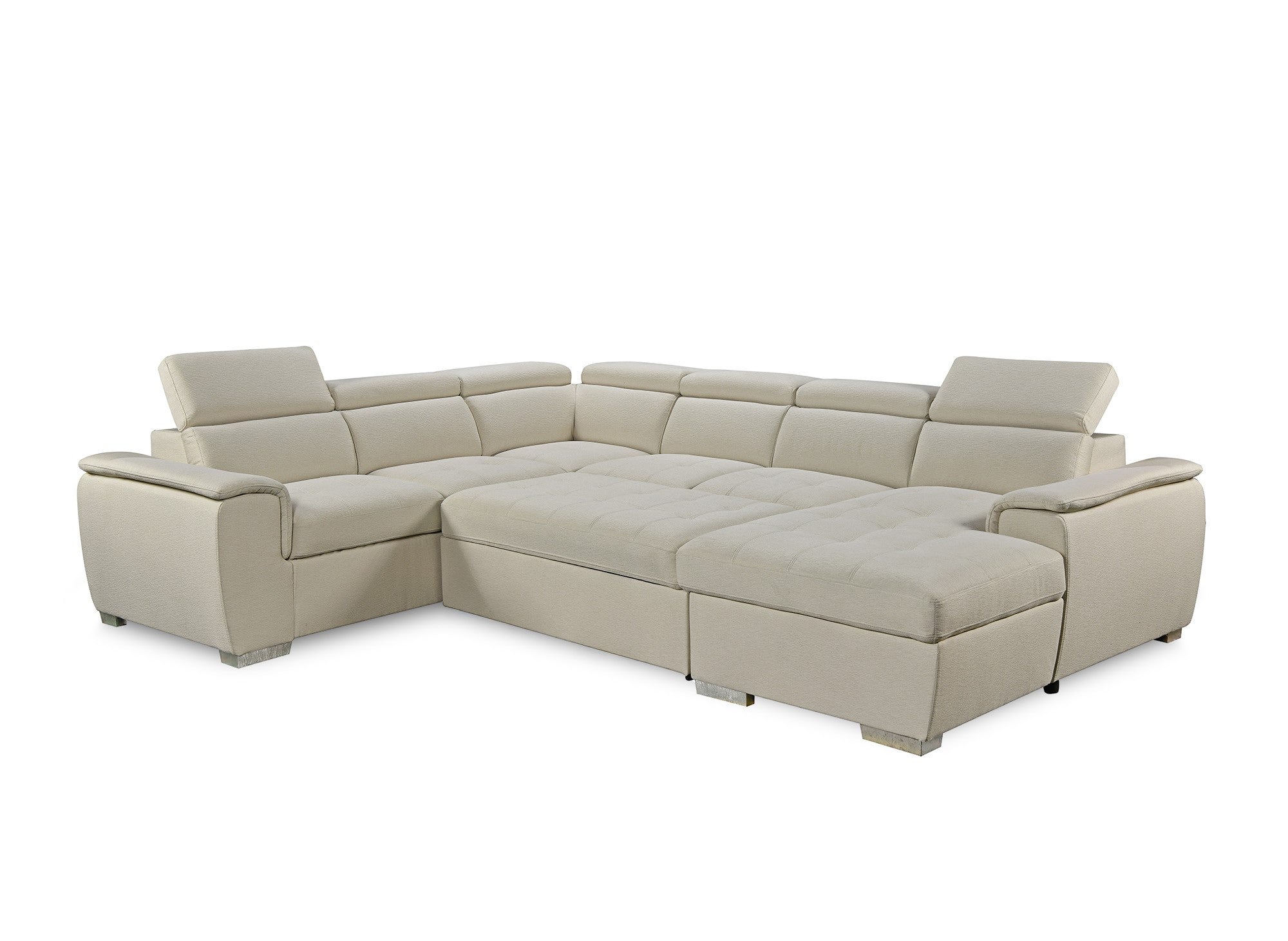 Sofá cama panorámico convertible GAELLE con compartimento de almacenamiento en tela beige - Esquina derecha