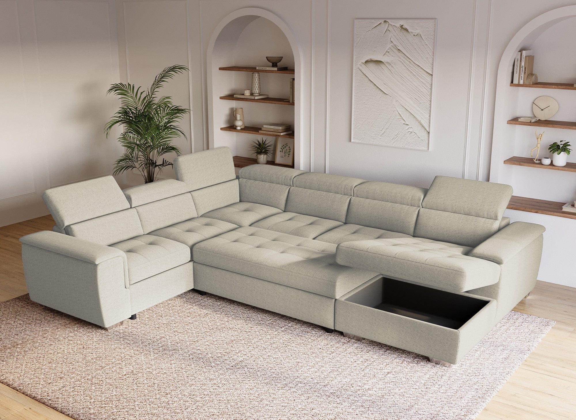 Sofá cama panorámico convertible GAELLE con compartimento de almacenamiento en tela beige - Esquina derecha